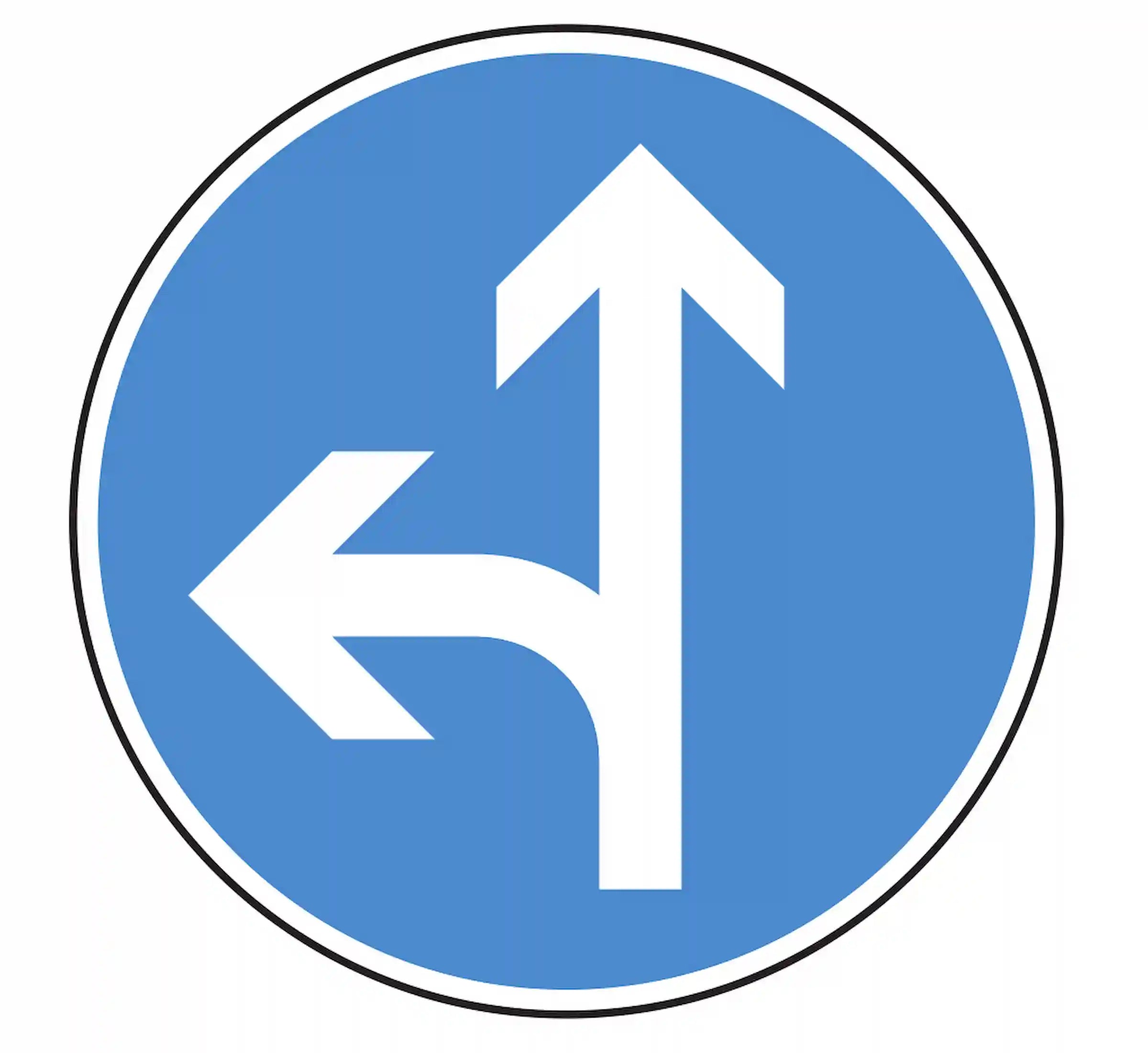 Verkehrszeichen 214-10: blaues Rundschild, Pfeil nach oben + links – nur geradeaus oder links erlaubt.