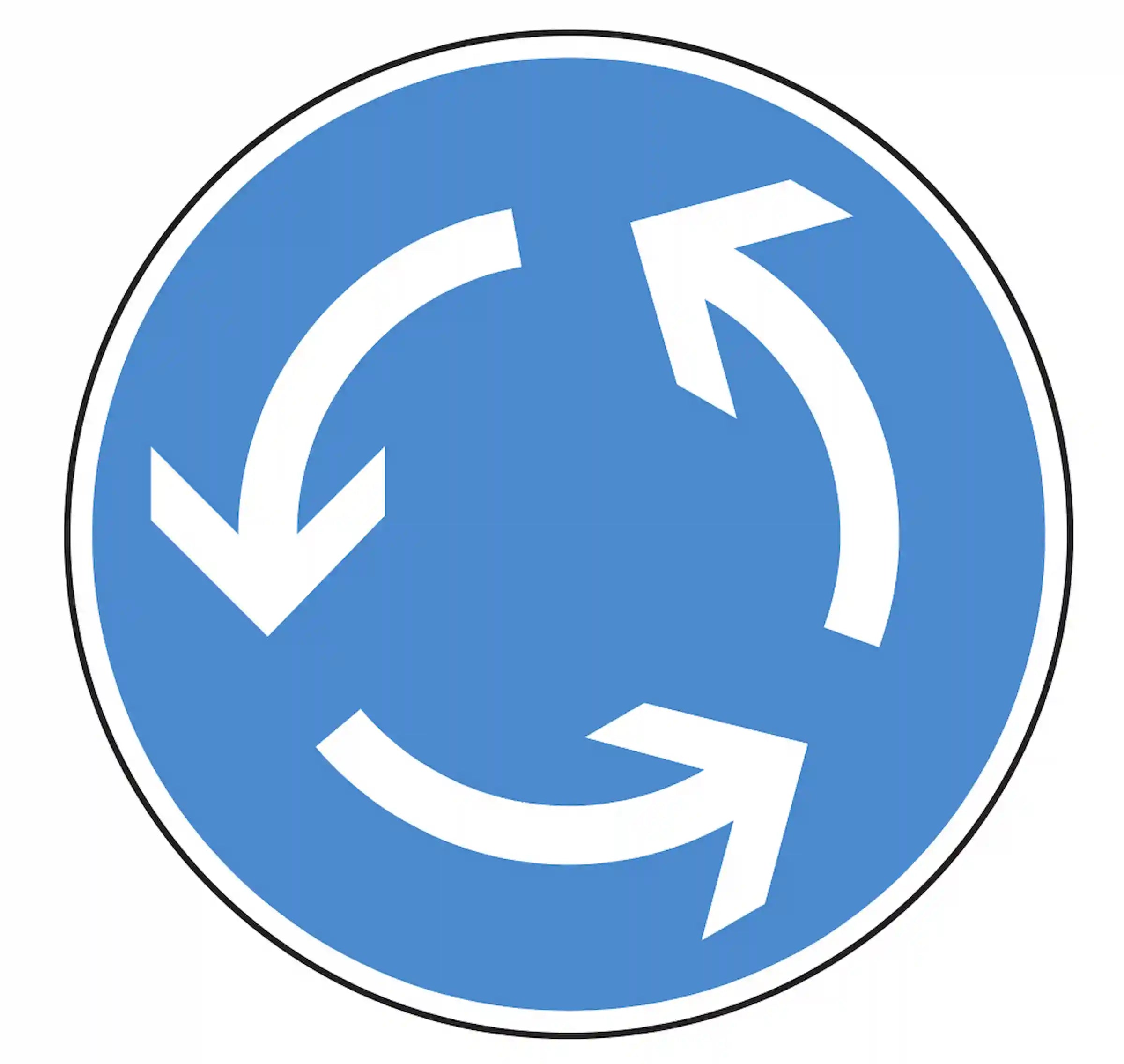 Verkehrszeichen 215: blaues Rundschild mit kreisförmigen Pfeilen – Kreisverkehr, rechts einfahren.