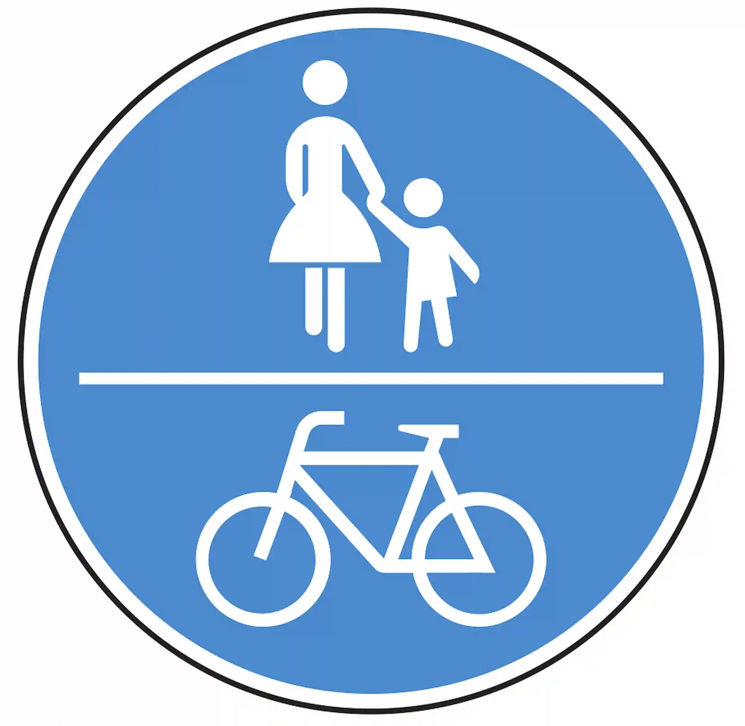 Verkehrszeichen 240: blaues Rundschild, Fahrrad & Fußgänger – gemeinsamer Rad-/Gehweg.
