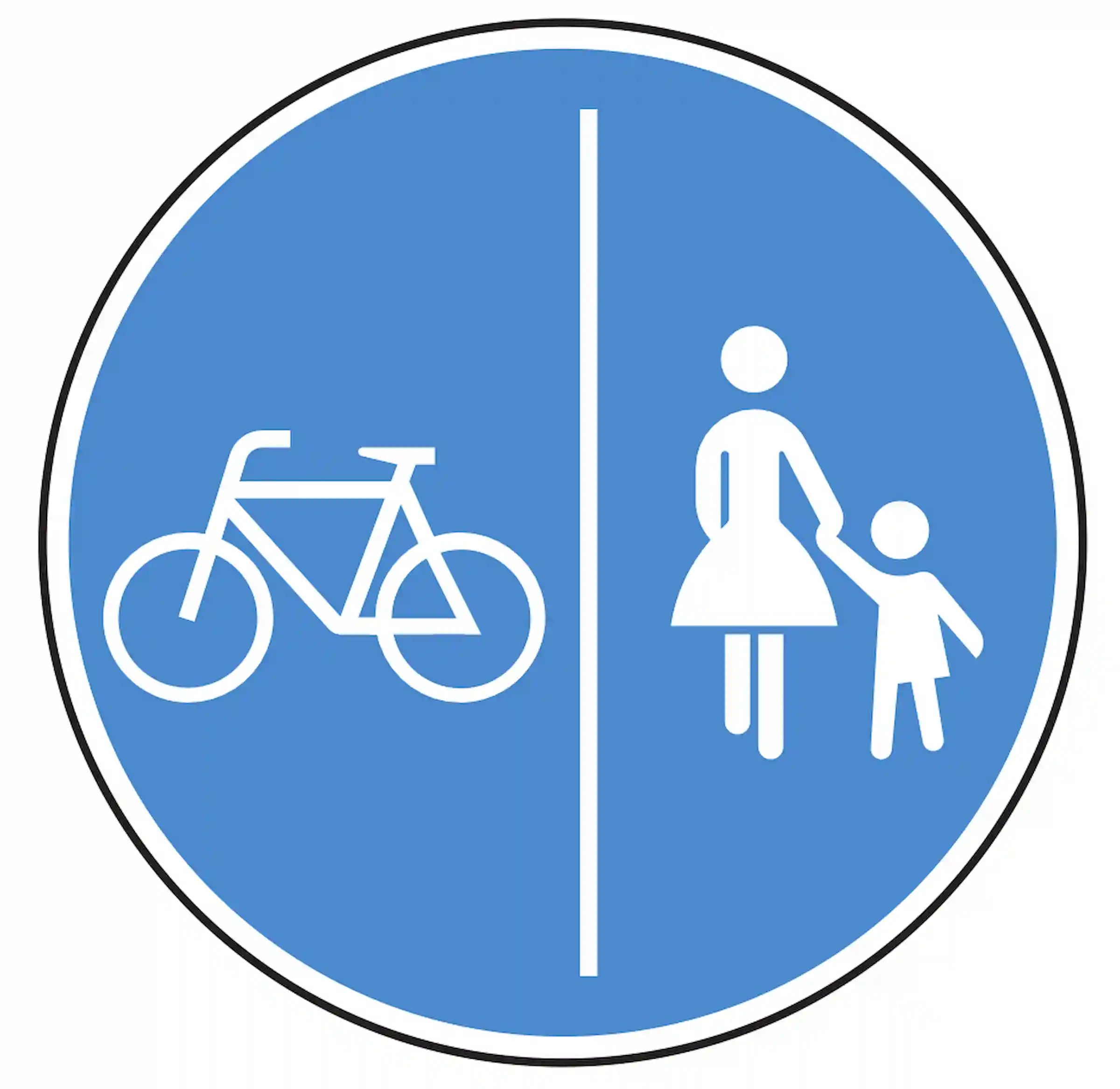 Verkehrszeichen 241-30: blaues Rundschild, links Fahrrad – rechts Fußgänger; getrennter Rad-/Gehweg.