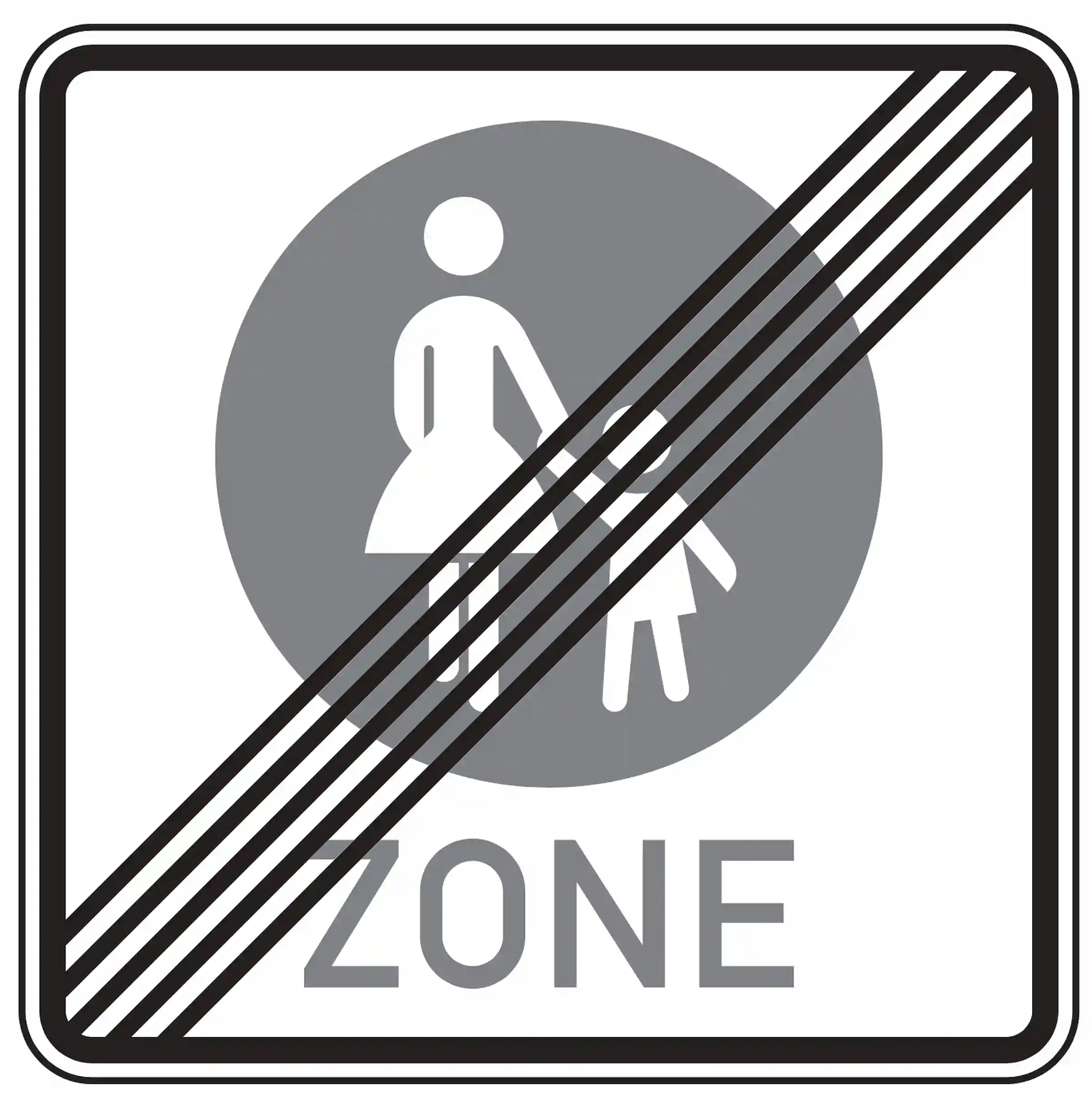 Verkehrszeichen 242.2: graues Quadrat mit durchgestrichenem Fußgängersymbol – Ende der Fußgängerzone.“