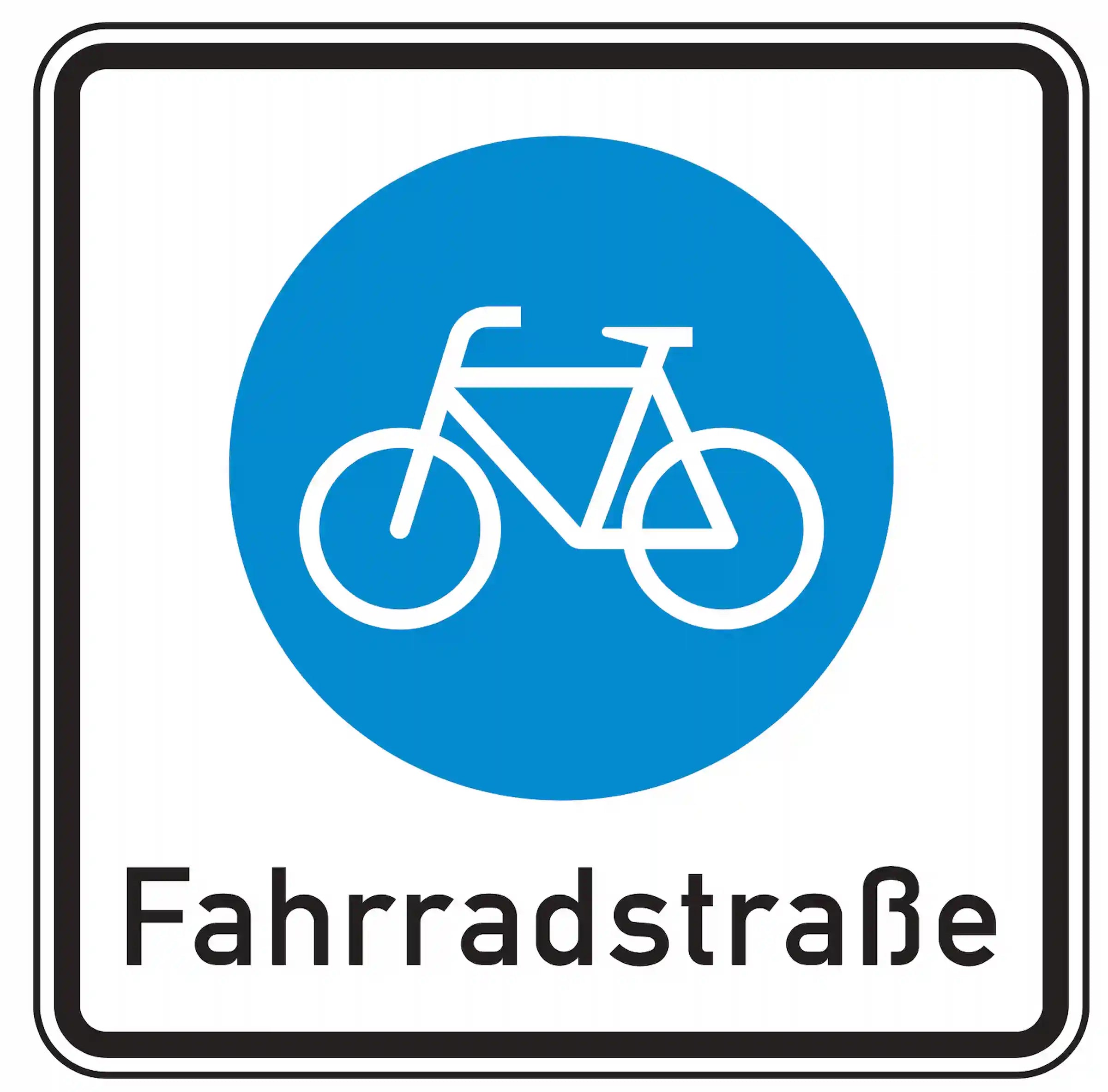 Verkehrszeichen 244.1: blaues Quadrat mit weißem Fahrradsymbol – Beginn einer Fahrradstraße.