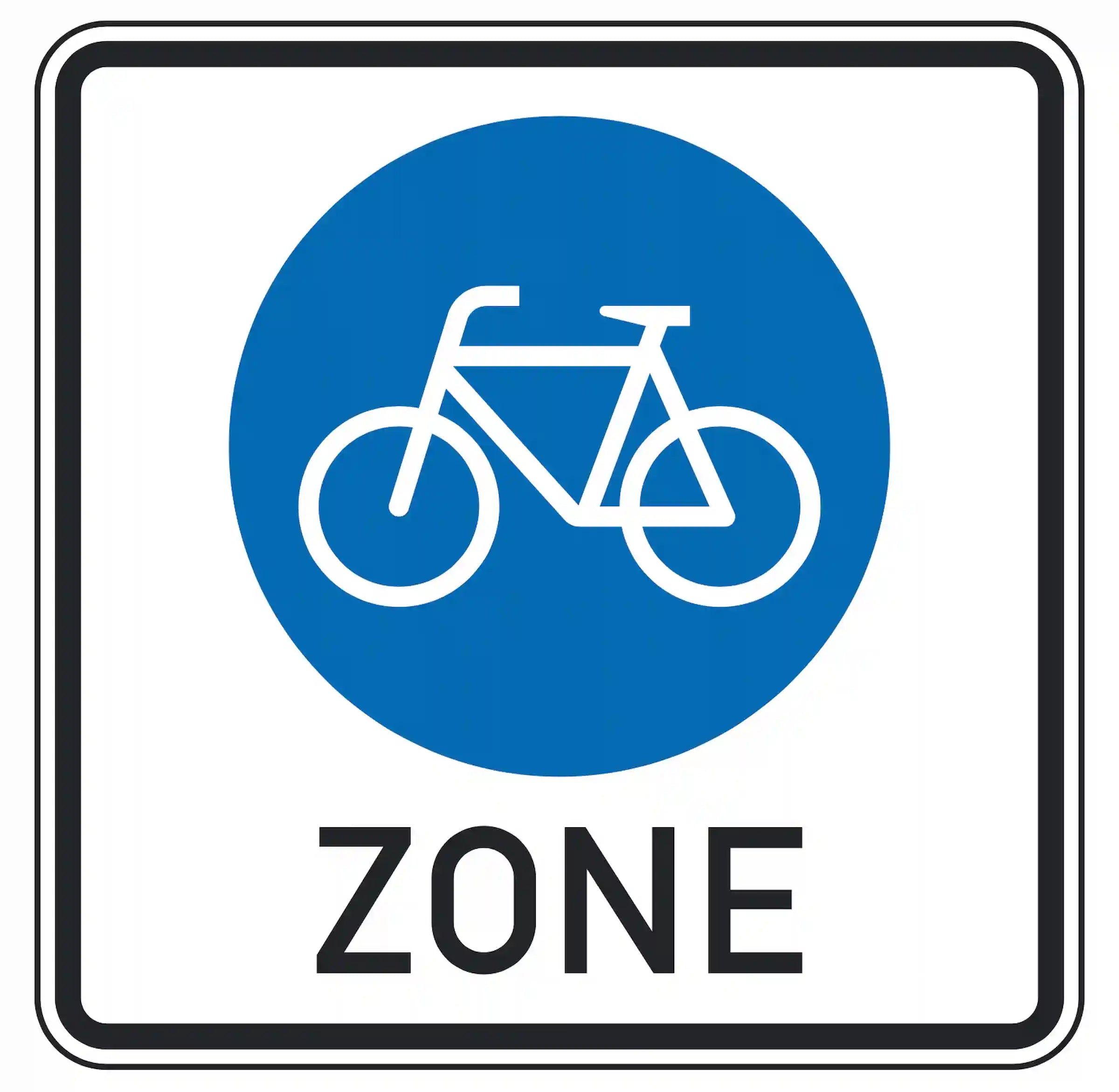 Verkehrszeichen 244.3: blaues Quadrat mit weißem Fahrradsymbol – Beginn einer Fahrradzone.