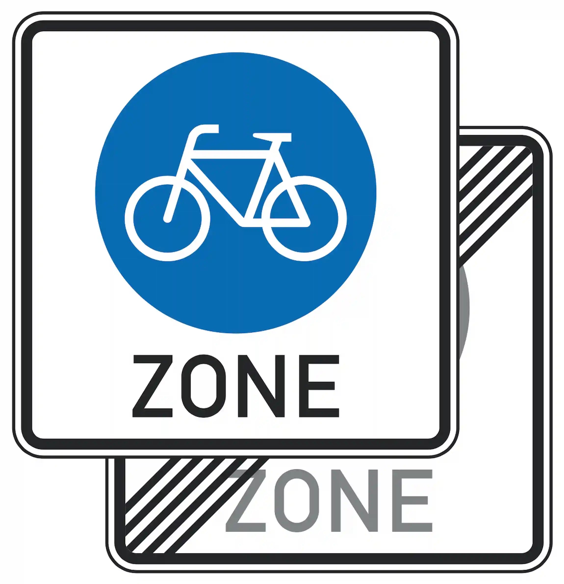 Verkehrszeichen 244.3-40: doppelseitiges blaues Quadrat mit Fahrradsymbol und ‚Zone‘ – Fahrradzone beidseitig.