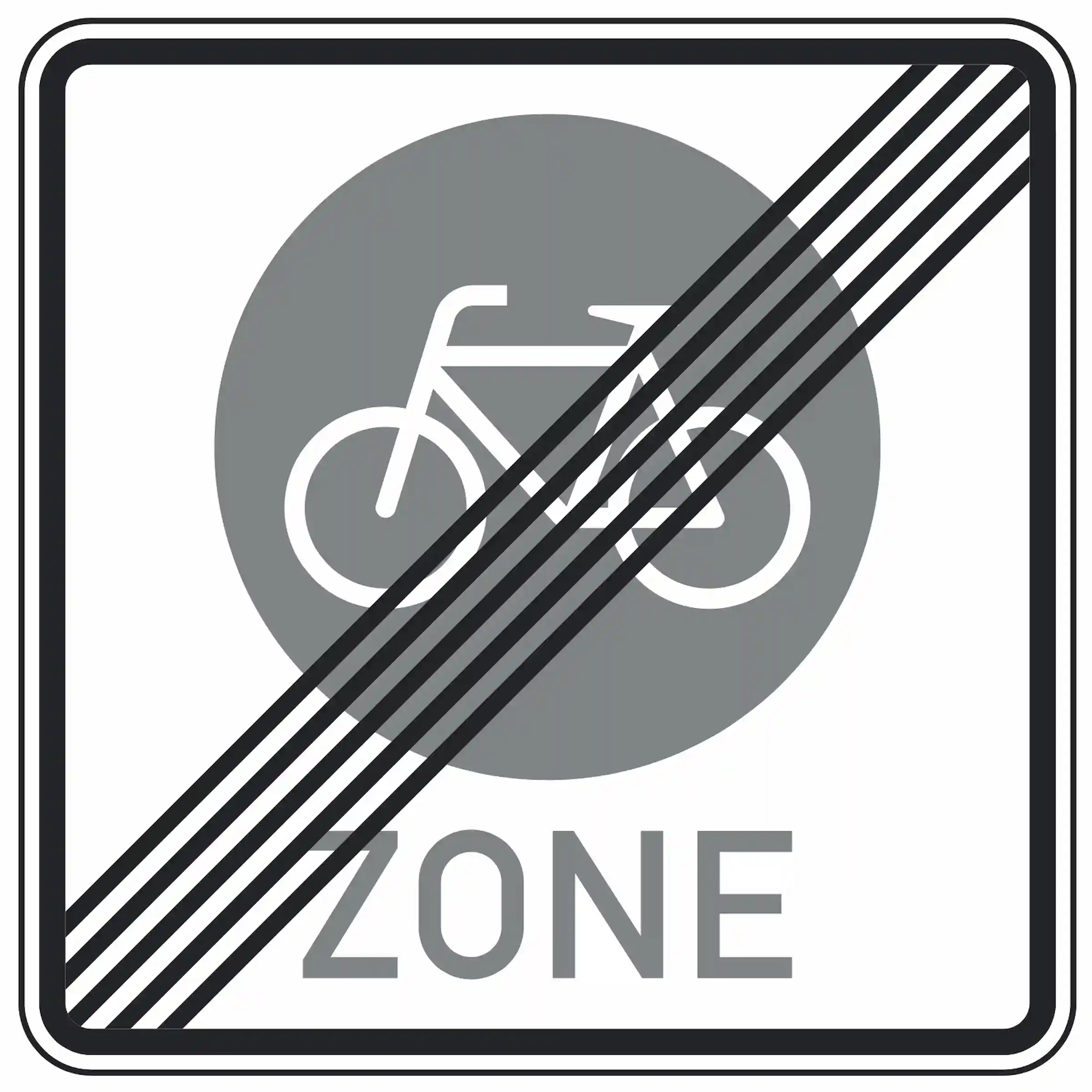 Verkehrszeichen 244.4: graues Quadrat mit durchgestrichenem Fahrradsymbol – Ende der Fahrradzone.