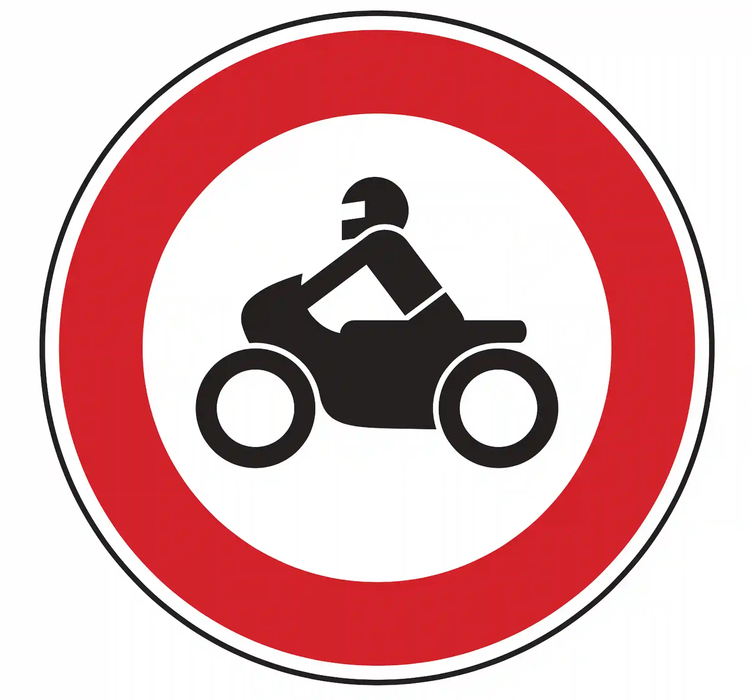 Verkehrszeichen 255: Rundschild, roter Rand, Motorrad – Einfahrt für Krafträder verboten.