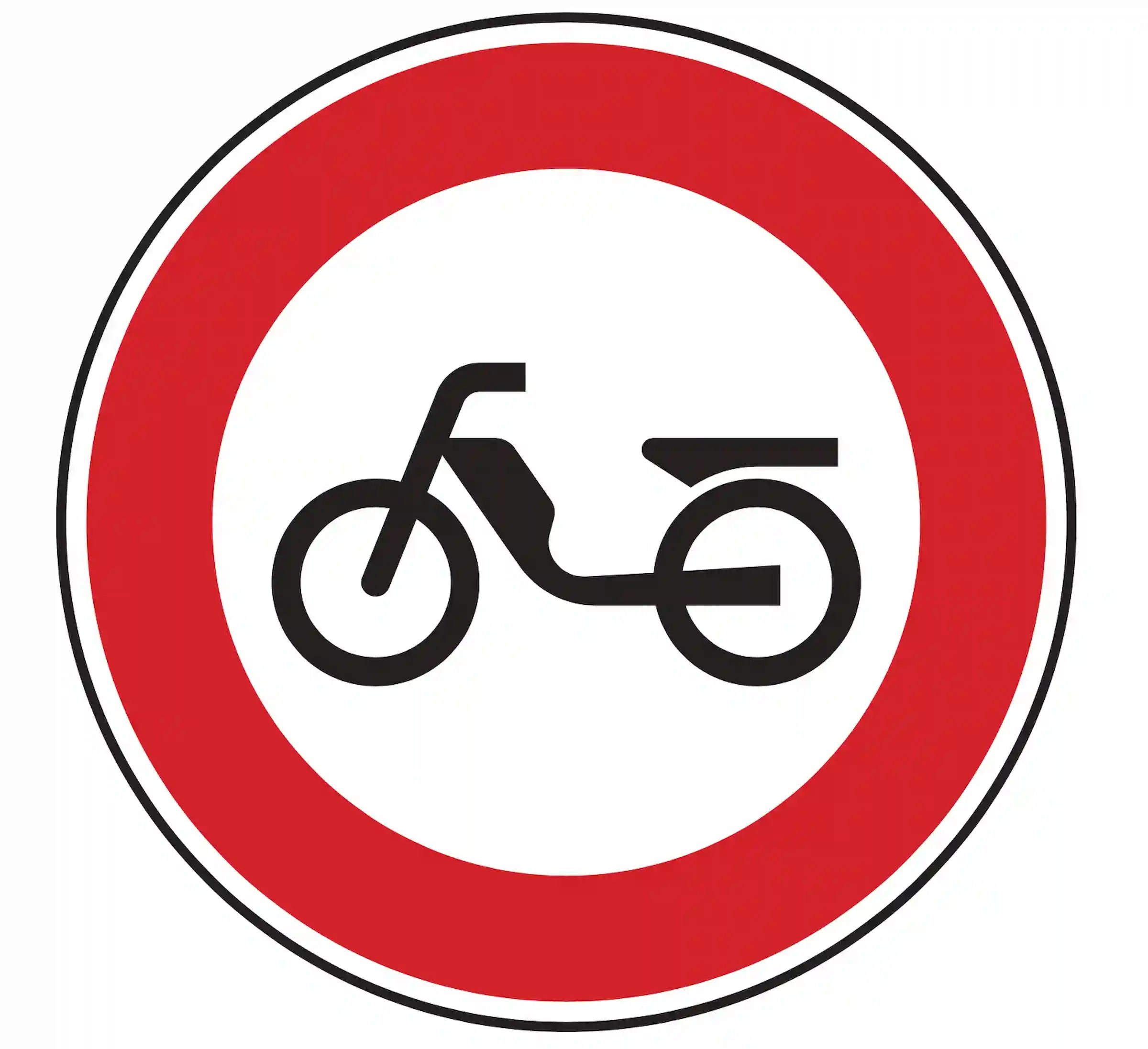 Verkehrszeichen 257-50: Rundschild, roter Rand, Mofa-Symbol – Einfahrt für Mofas verboten.