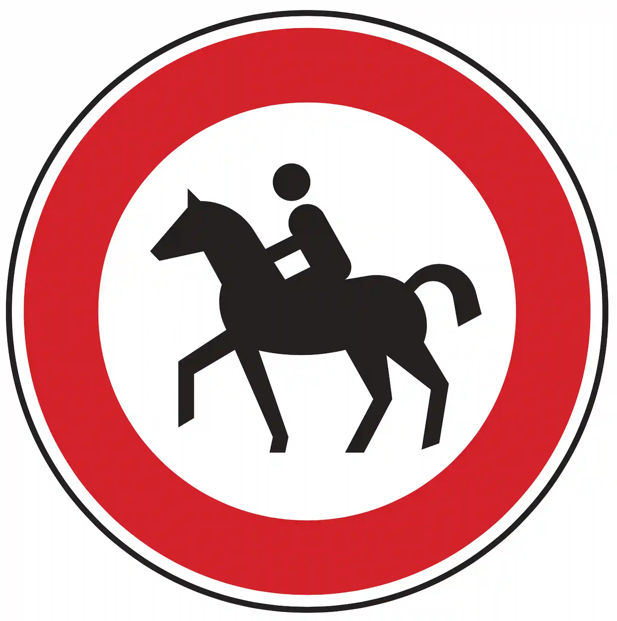 Verkehrszeichen 257-51: Rundschild, roter Rand, Reiter-Symbol – Ein-/Durchgang für Reiter verboten.