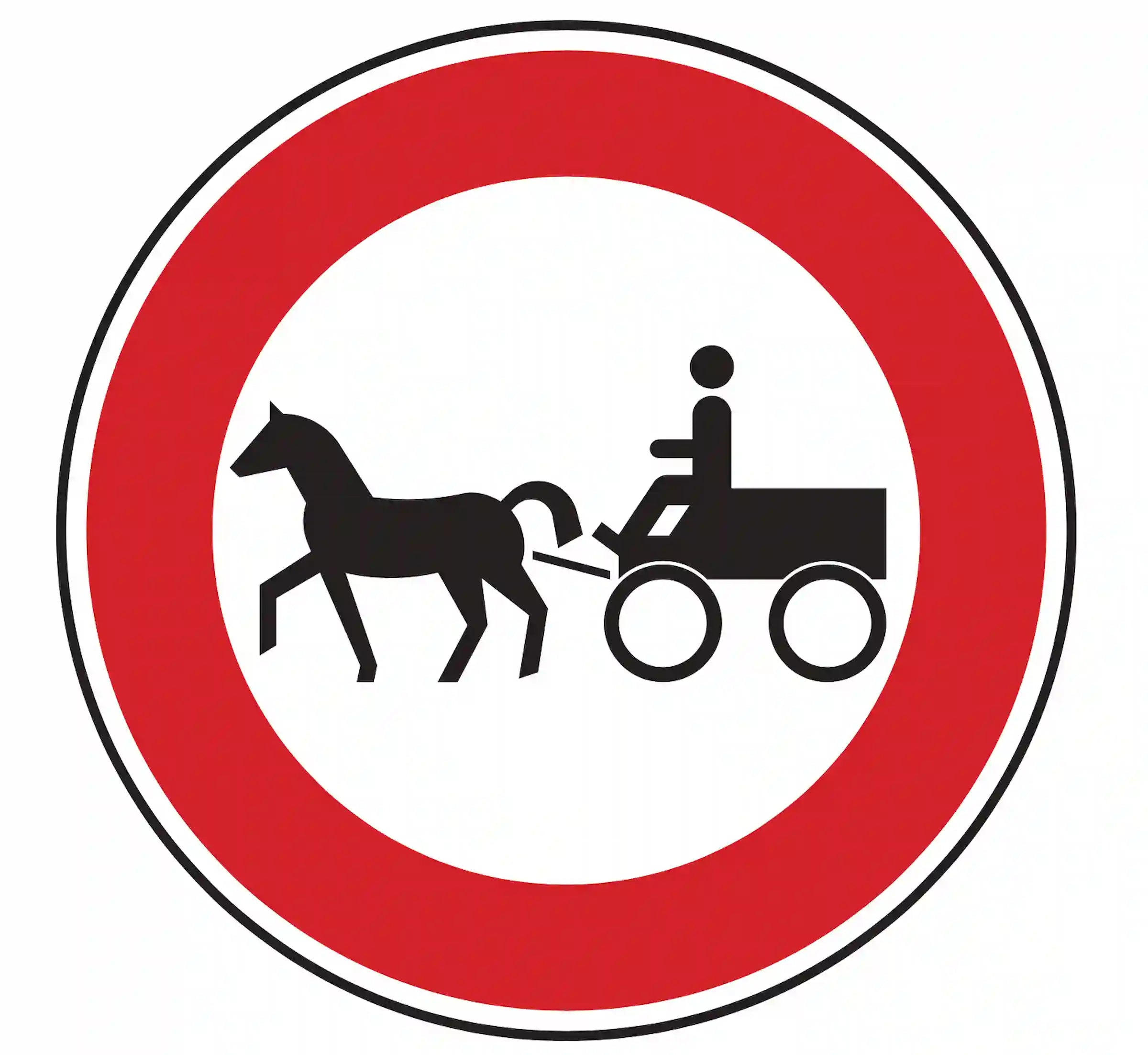 Verkehrszeichen 257-52: Rundschild, roter Rand, Pferdegespann – Einfahrt für Gespannfuhrwerke verboten.“