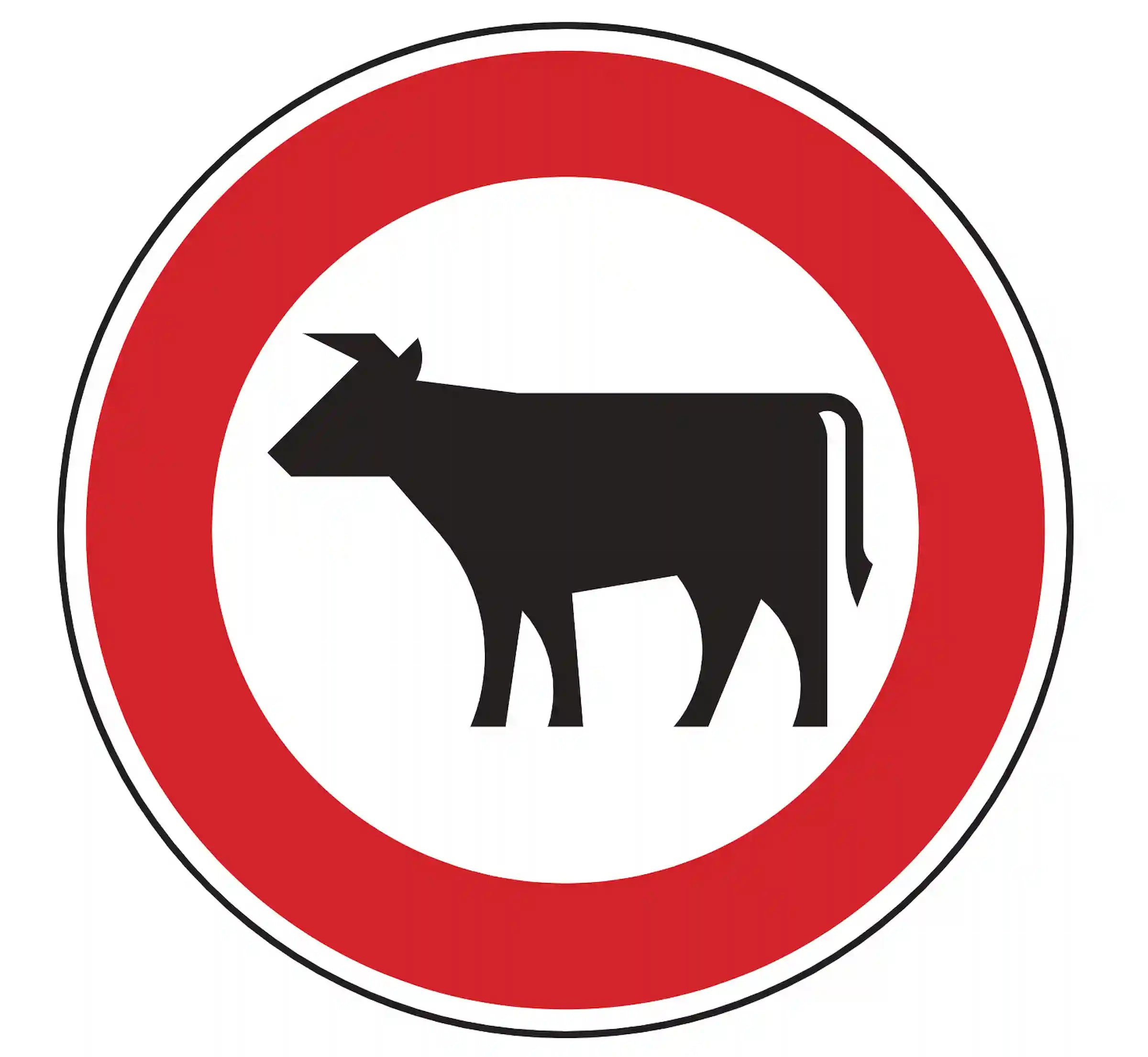Verkehrszeichen 257-53: Rundschild, roter Rand, Kuhsymbol – Viehtrieb verboten.