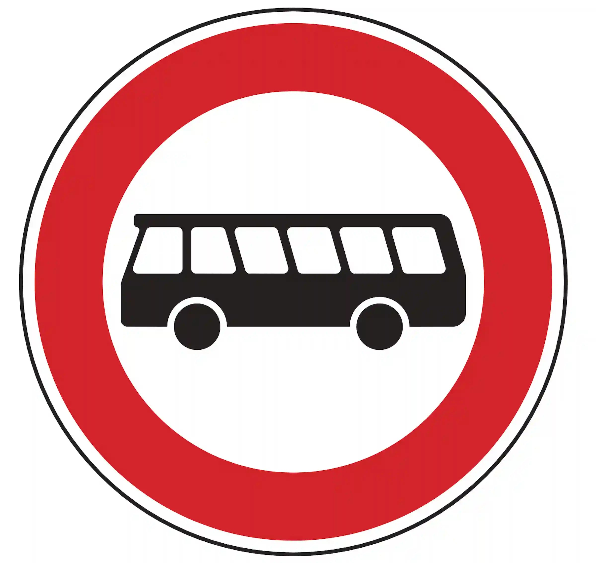 Verkehrszeichen 257-54: Rundschild, roter Rand, Bus-Symbol – Einfahrt für Kraftomnibusse verboten.