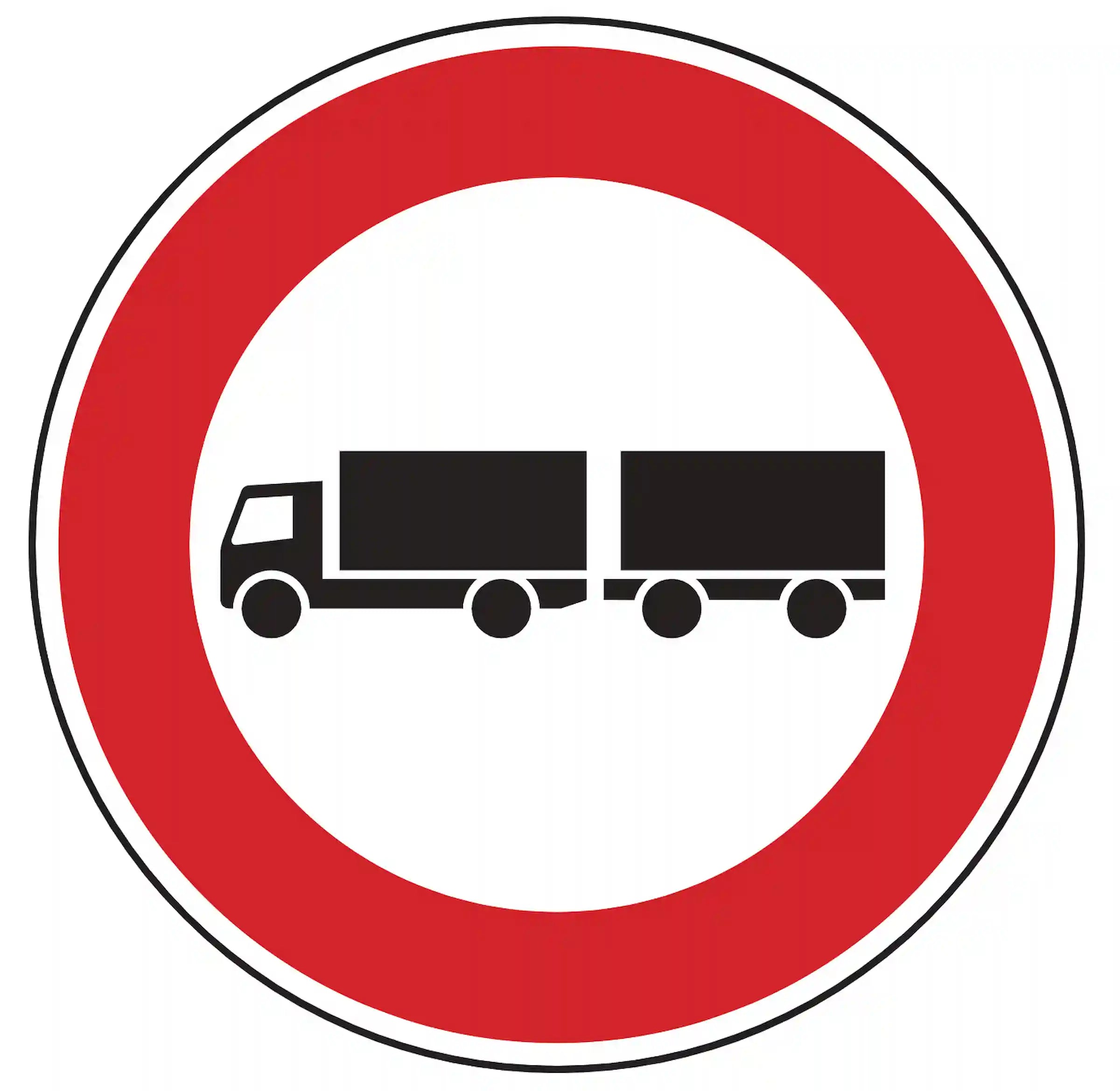 Verkehrszeichen 257-57: Rundschild, roter Rand, Lkw mit Anhänger – Einfahrt verboten.