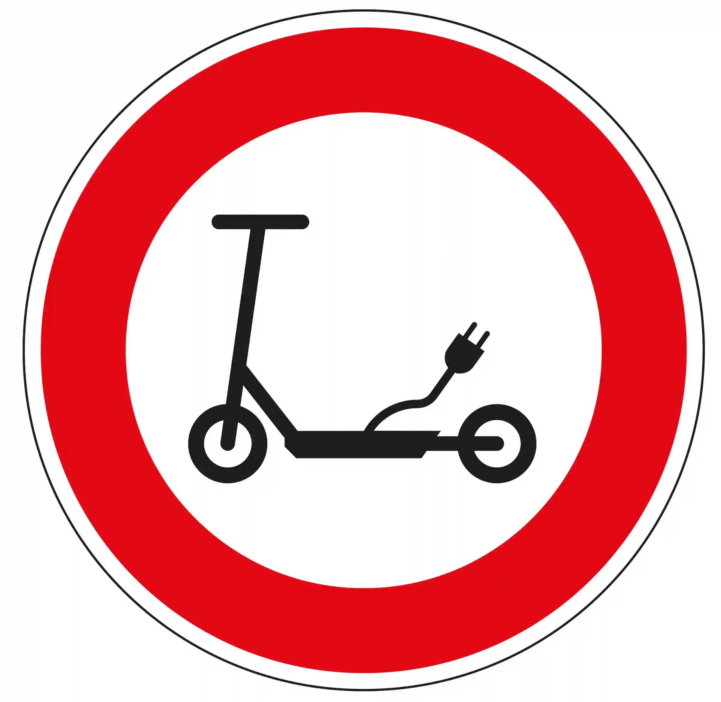 Verkehrszeichen 257-59 – Verbot für Elektrokleinstfahrzeuge gemäß eKFV; rundes Schild mit rotem Rand und E-Scooter-Symbol mit Stecker