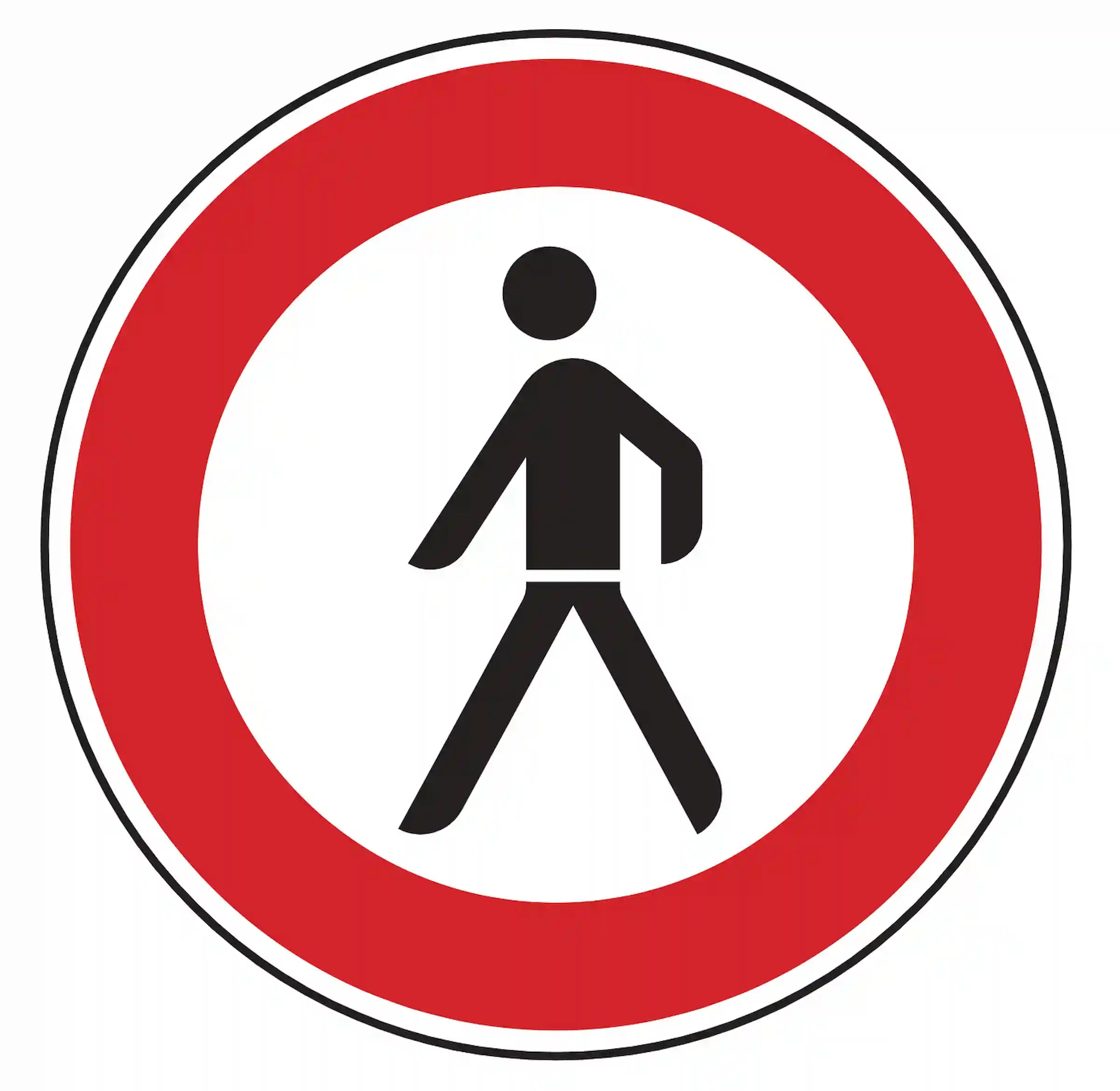 Verkehrszeichen 259: Rundschild, roter Rand, Fußgängersymbol – Durchgang für Fußgänger verboten.