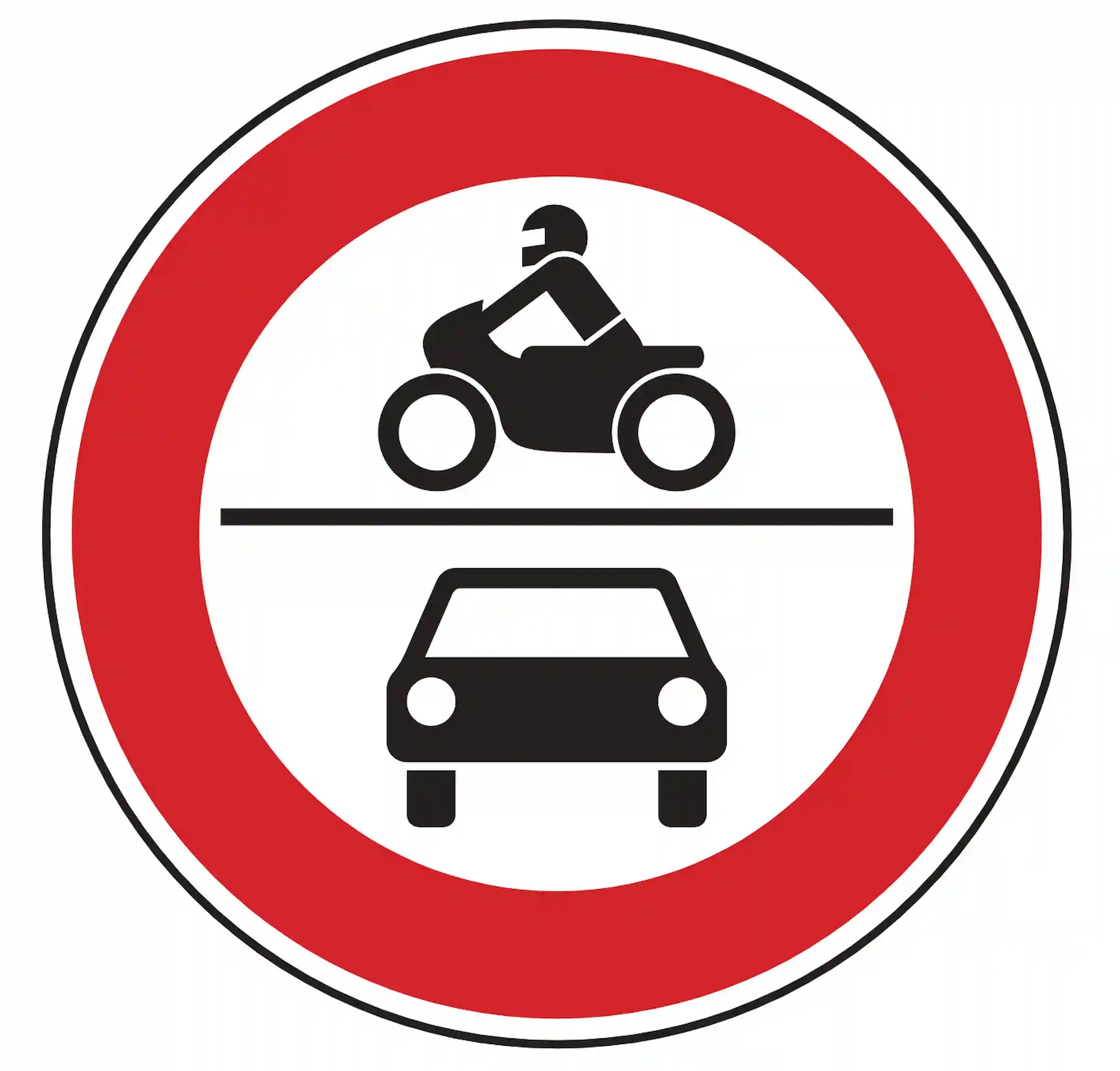 VZ 260: Rundschild, roter Rand, Auto+Motorrad – Einfahrt für Kraftfahrzeuge verboten.
