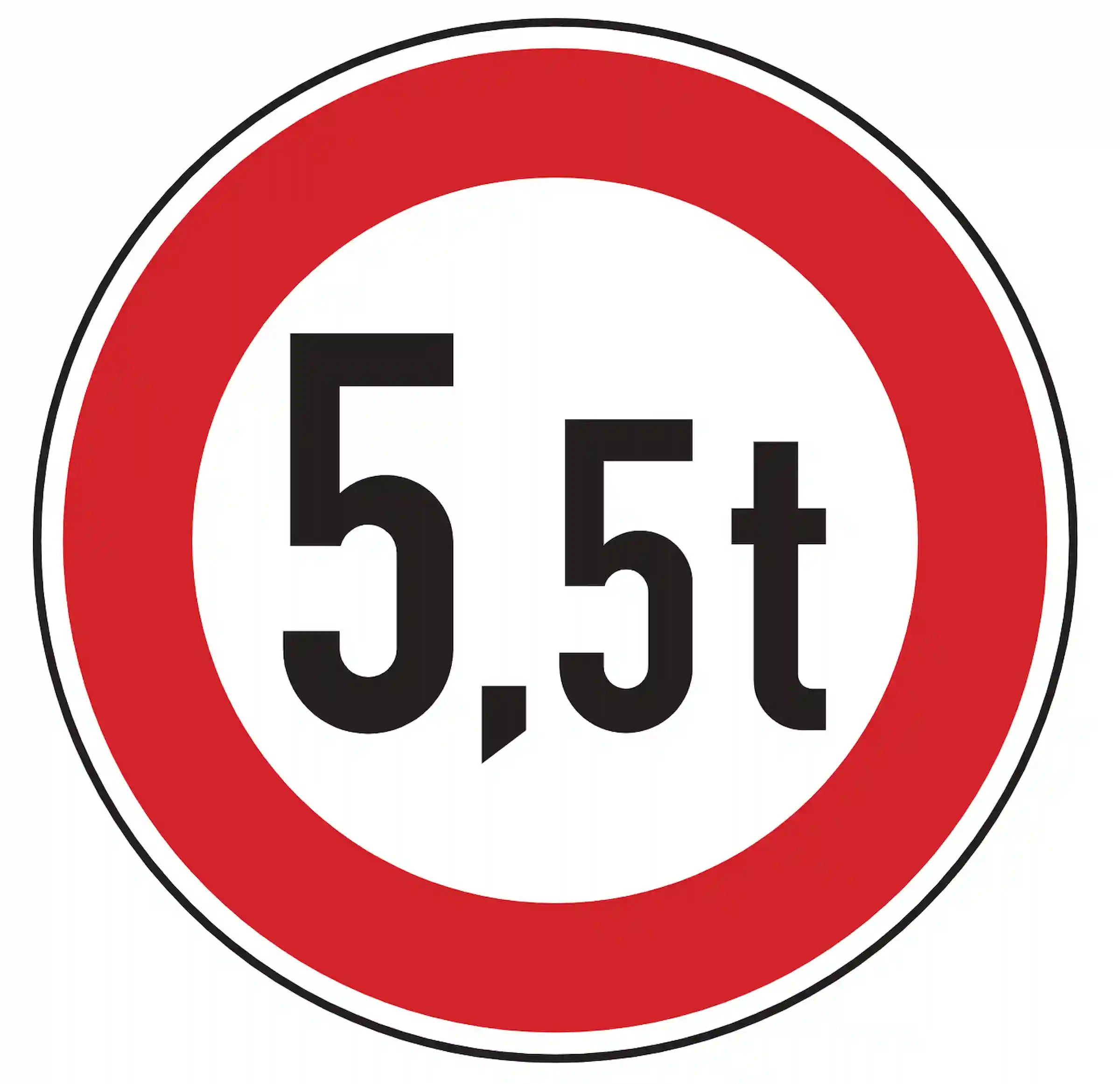 Verkehrszeichen 262: Rundschild, rote Umrandung, Zahl + t – Fahrzeuge über angegebene Tonnage verboten.