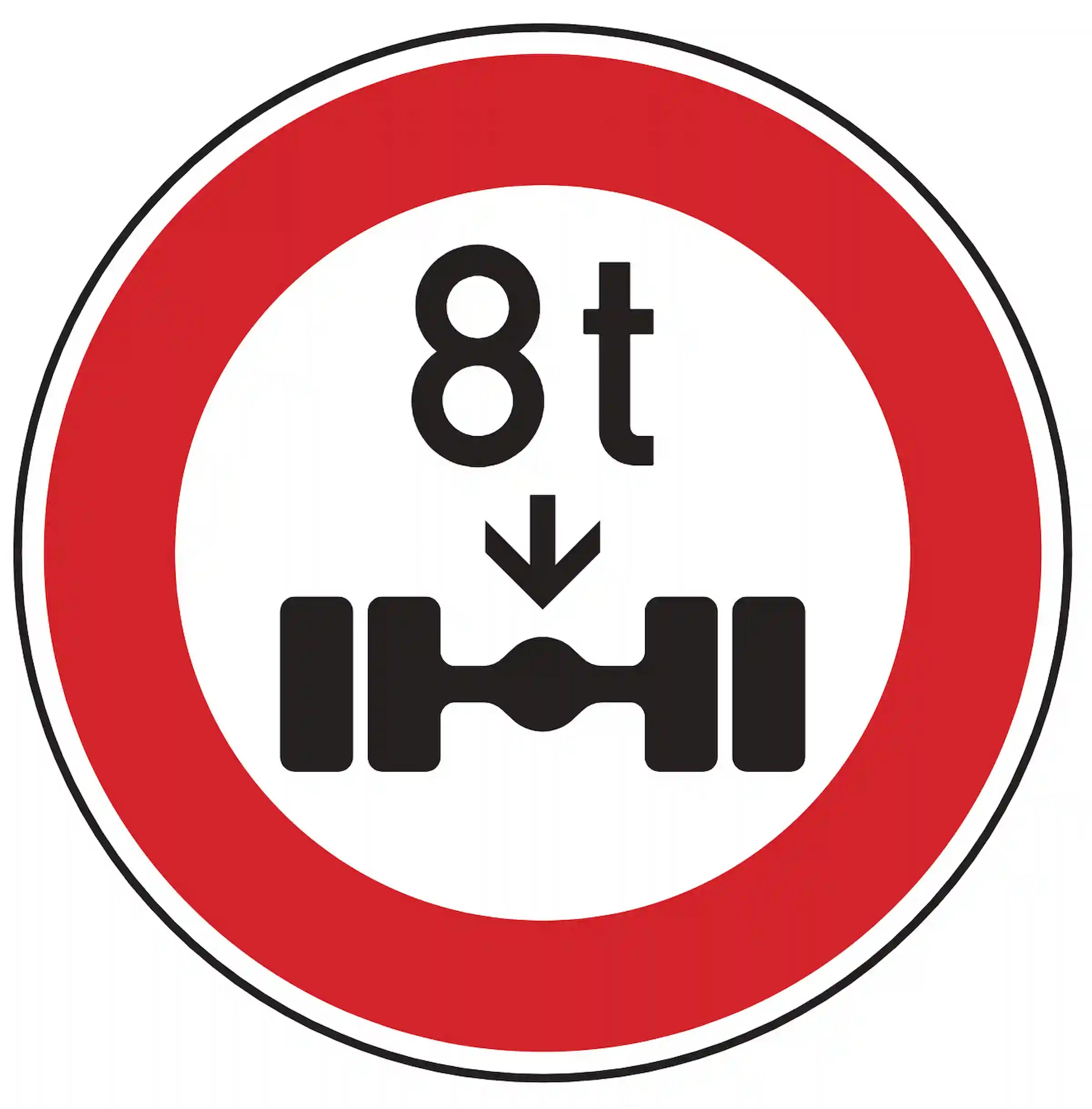 Verkehrszeichen 263: Rundschild, Zahl +t über Achse – Fahrzeuge über angegebene Achslast verboten.