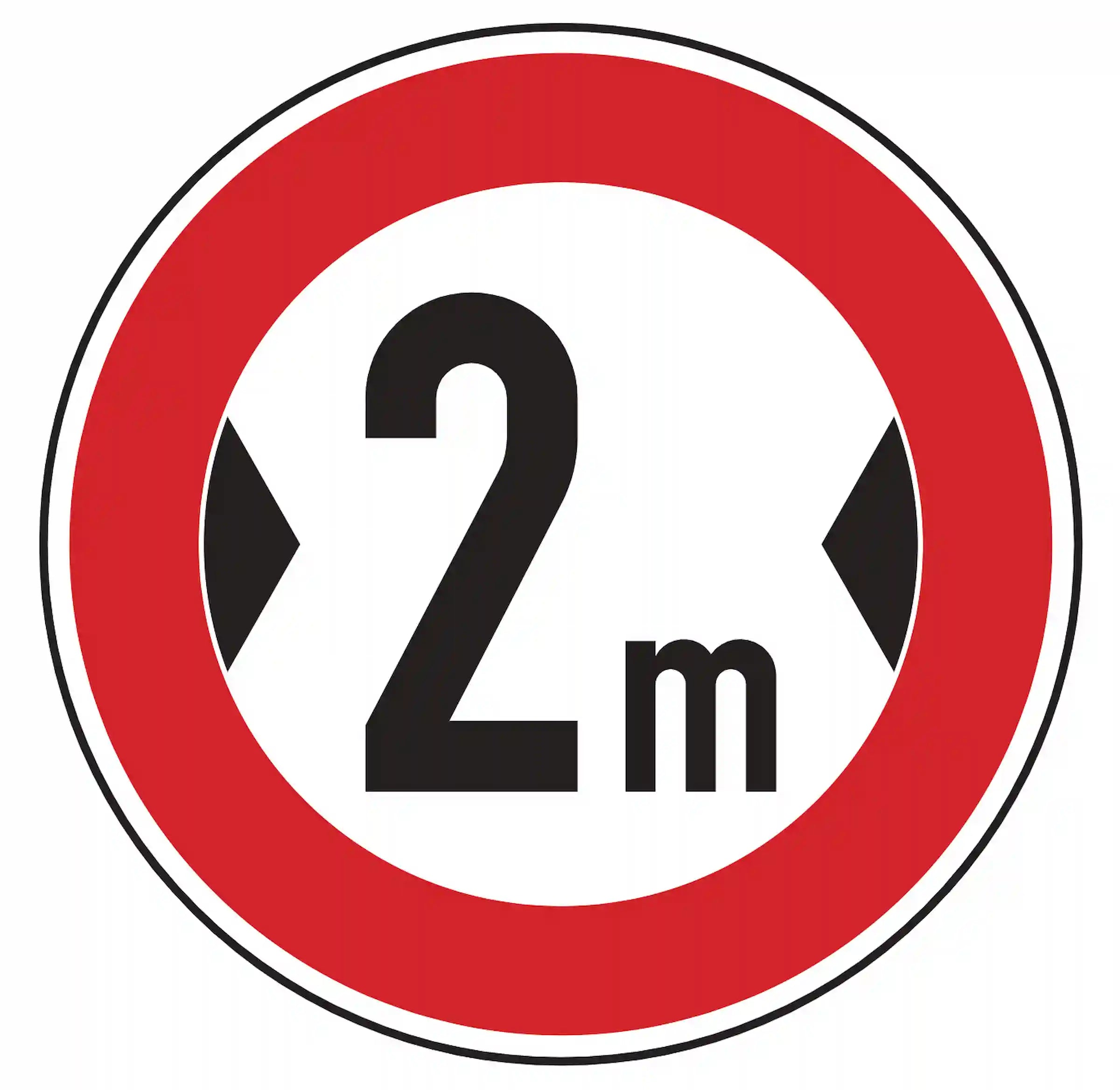 Verkehrszeichen 264: Rundschild, Zahl +m – Fahrzeuge breiter als angegebene Meter verboten.“