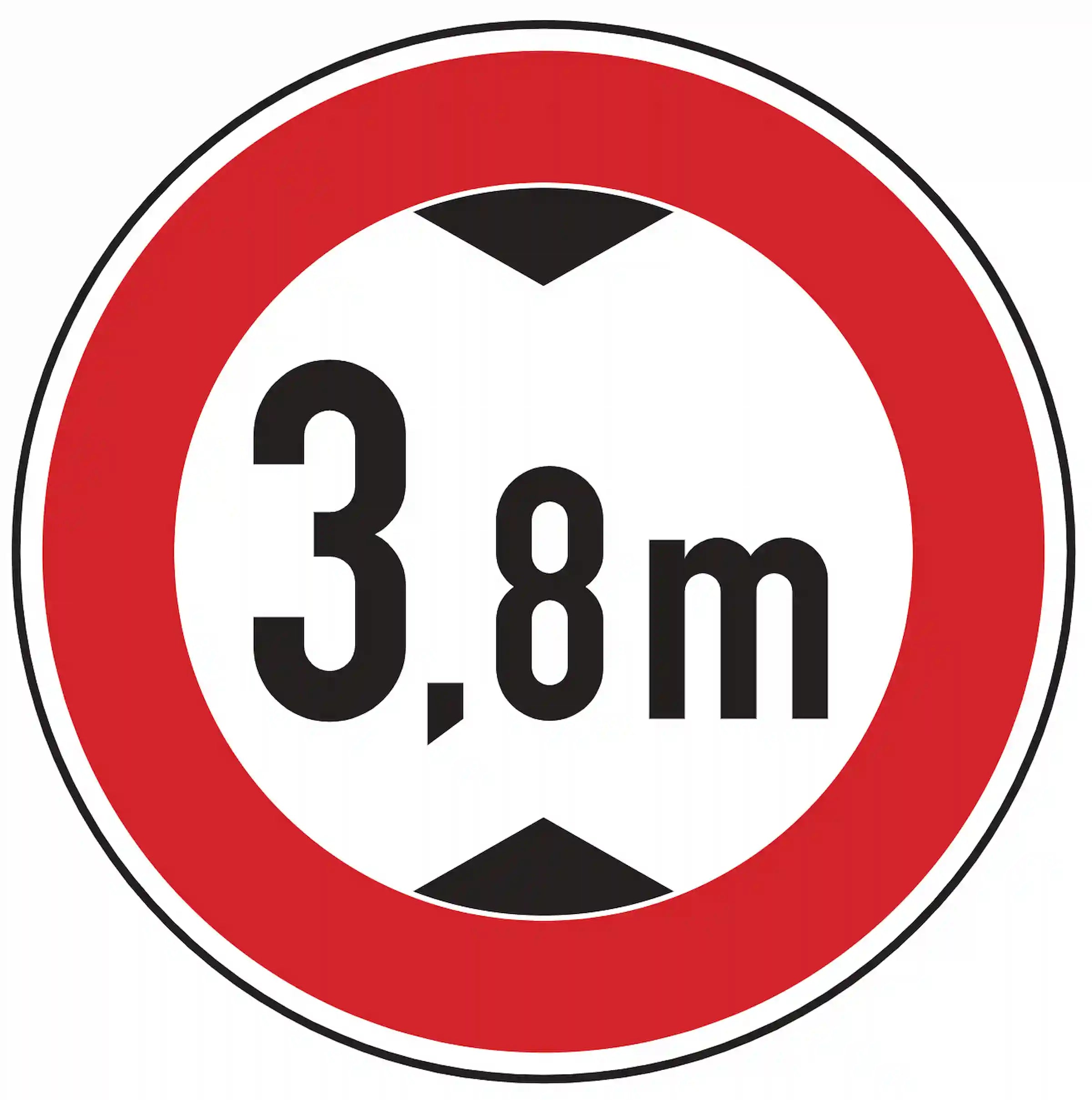 Verkehrszeichen 265: Rundschild, Zahl +m mit Doppelpfeil – Fahrzeuge höher als angegebene Meter verboten.