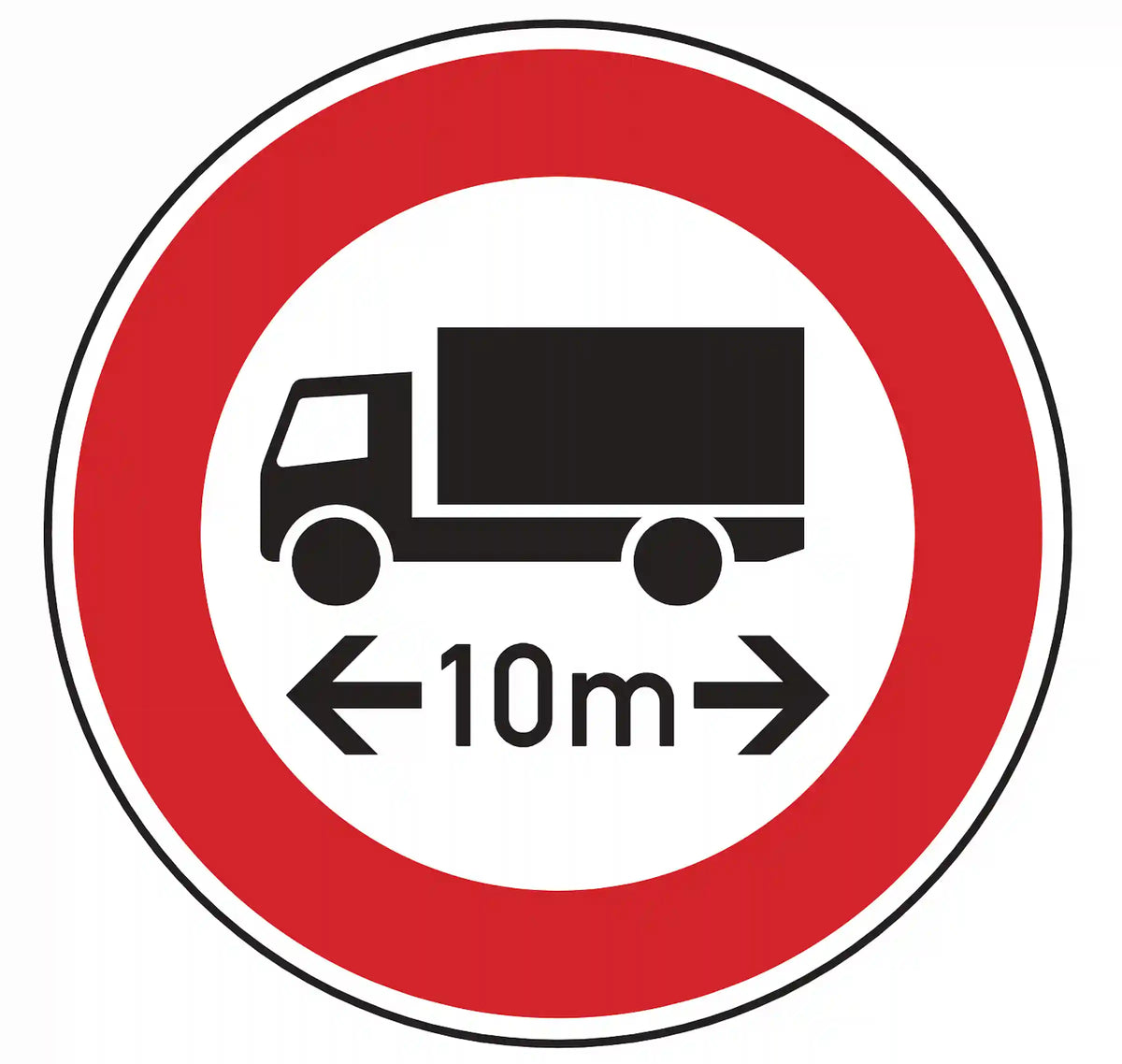 Verkehrszeichen 265*: Rundschild, Zahl +m mit Querpfeilen – Fahrzeuge länger als angegebene Meter verboten.
