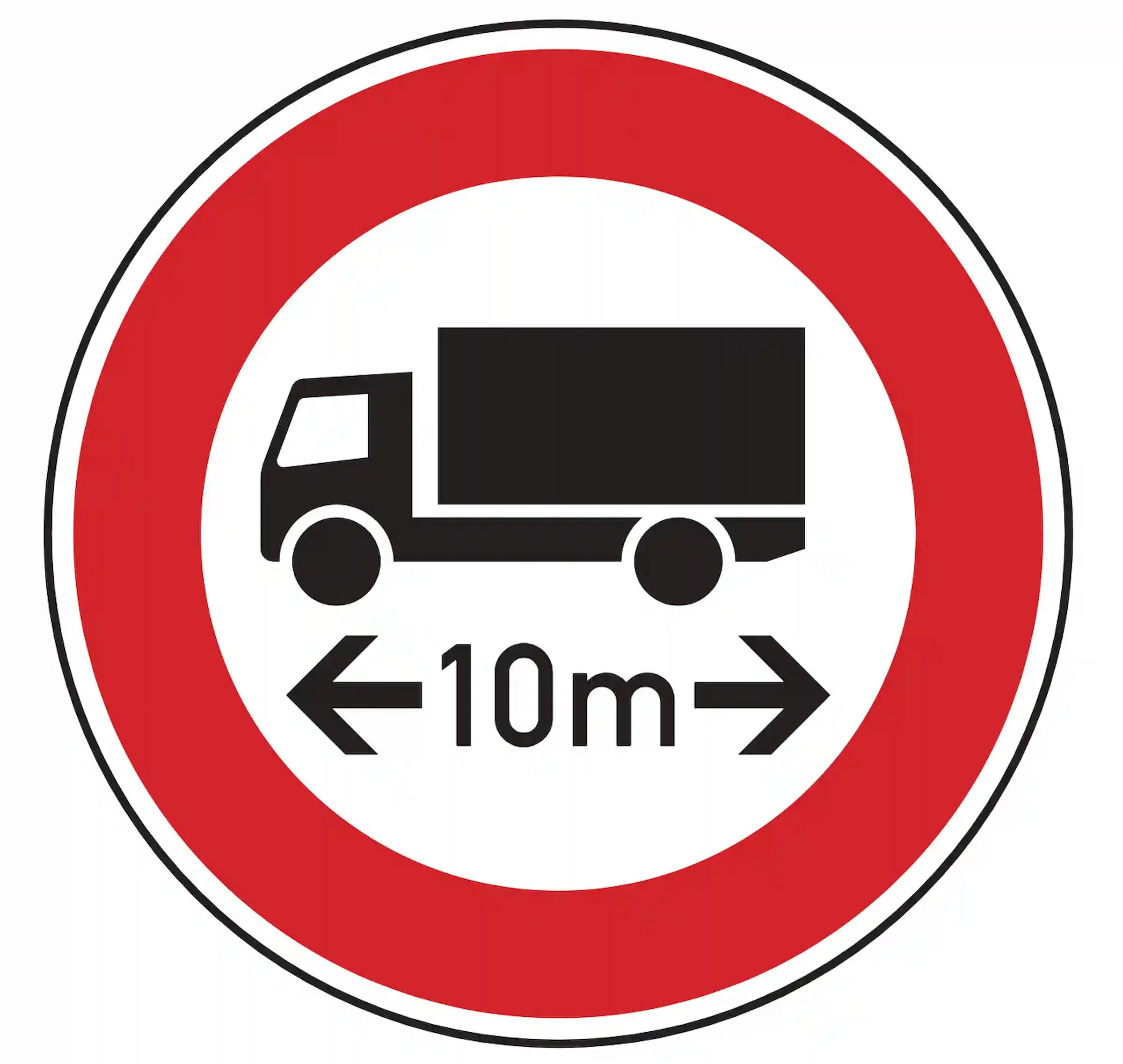 Verkehrszeichen 265*: Rundschild, Zahl +m mit Querpfeilen – Fahrzeuge länger als angegebene Meter verboten.