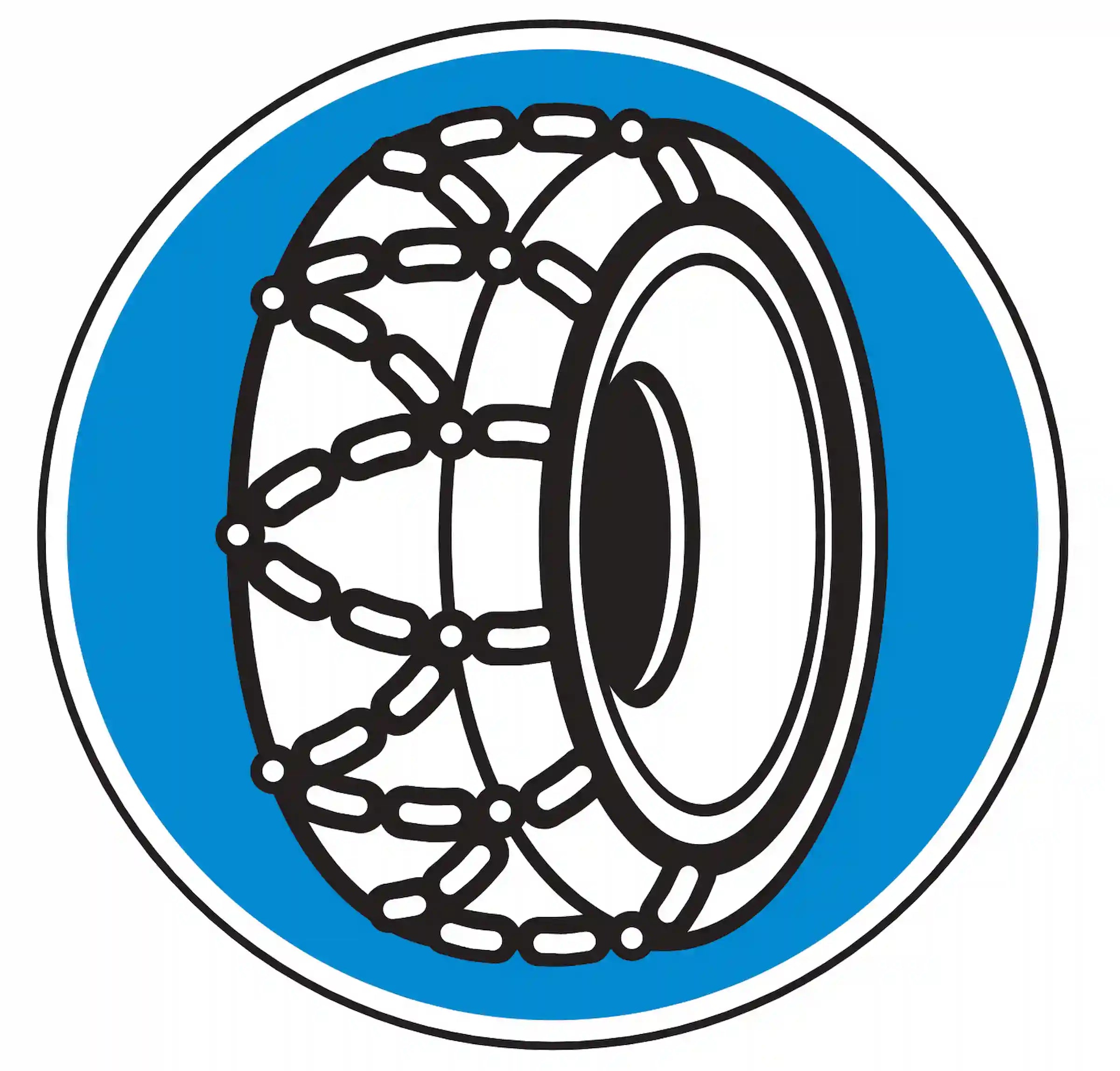 Verkehrszeichen 268: blaues Rundschild, Reifen mit Schneekette – Schneeketten vorgeschrieben.