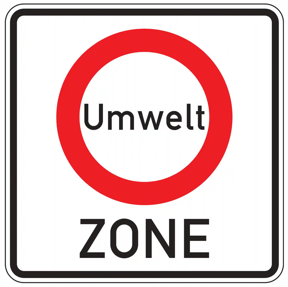 Verkehrszeichen 270.1: weißes Quadrat mit rotem Kreis und Schriftzug ‚Zone‘ – Beginn Umweltzone (KFZ-Verbot).