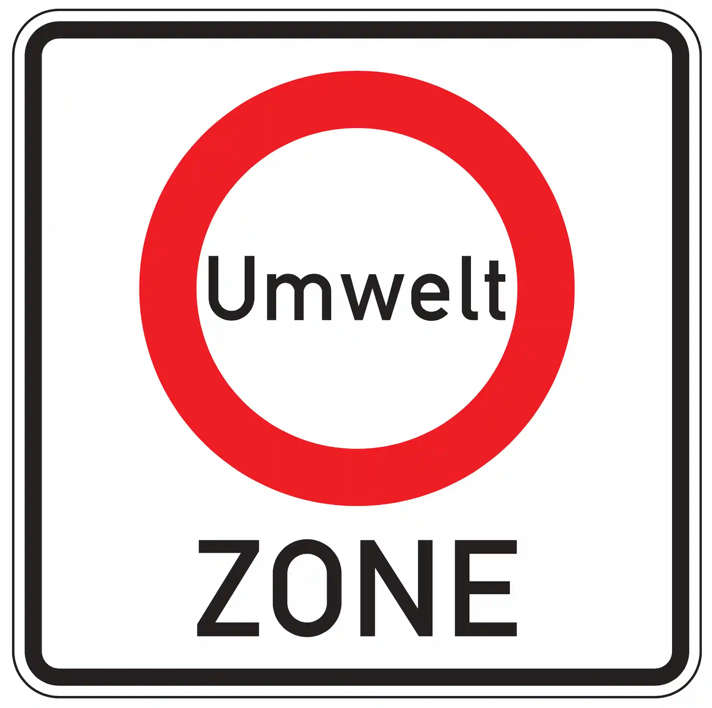Verkehrszeichen 270.1: weißes Quadrat mit rotem Kreis und Schriftzug ‚Zone‘ – Beginn Umweltzone (KFZ-Verbot).