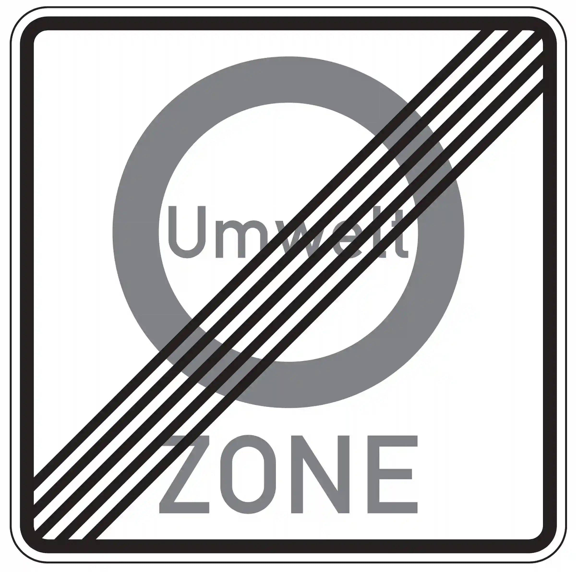 Verkehrszeichen 270.2: weißes Quadrat mit grauen Kreis und diagonal durchgestrichenem „Zone“ – Ende der Umweltzone.