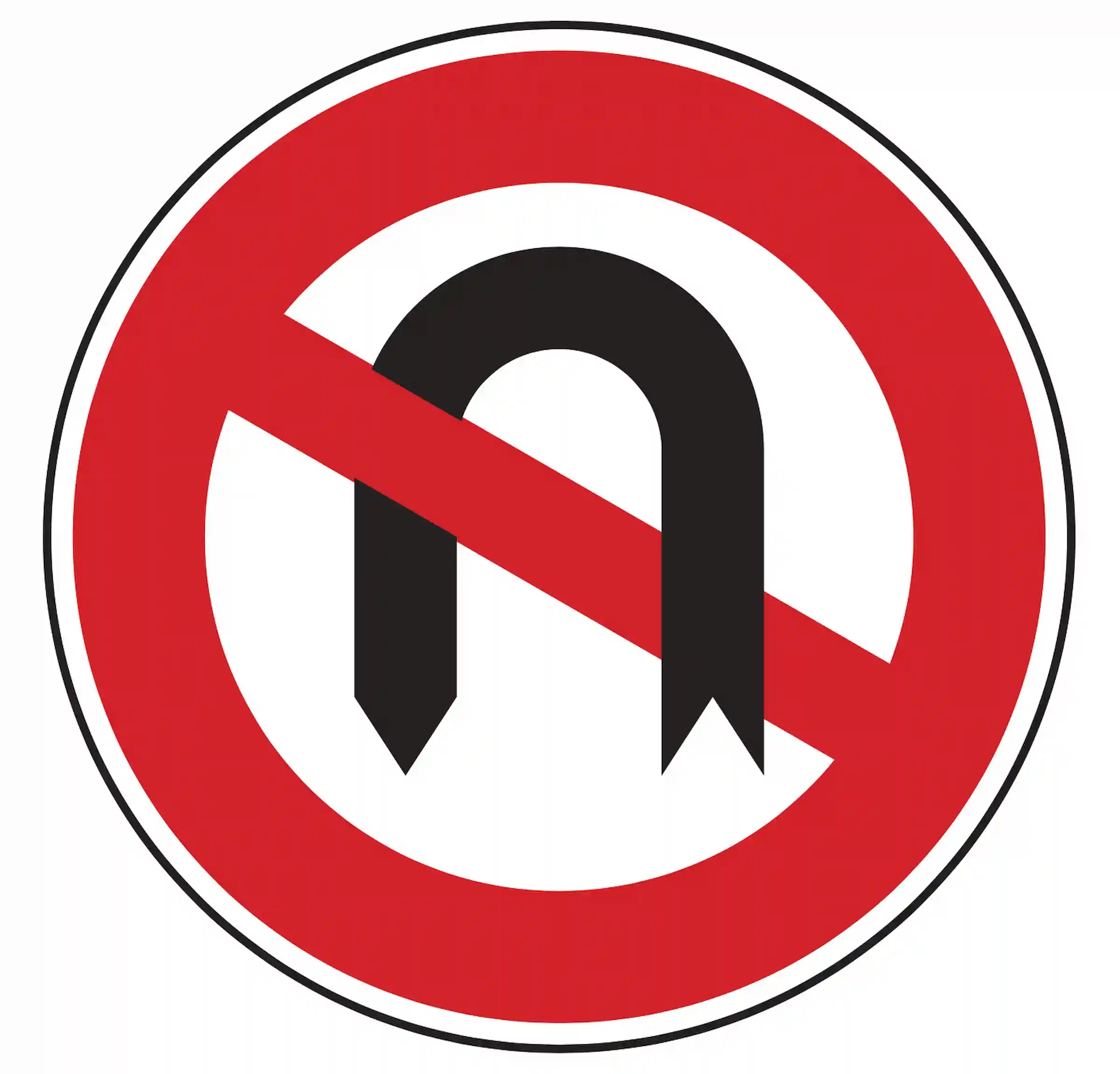 Verkehrszeichen 272: Rundschild, durchgestrichener U-Turn-Pfeil – Wenden verboten.