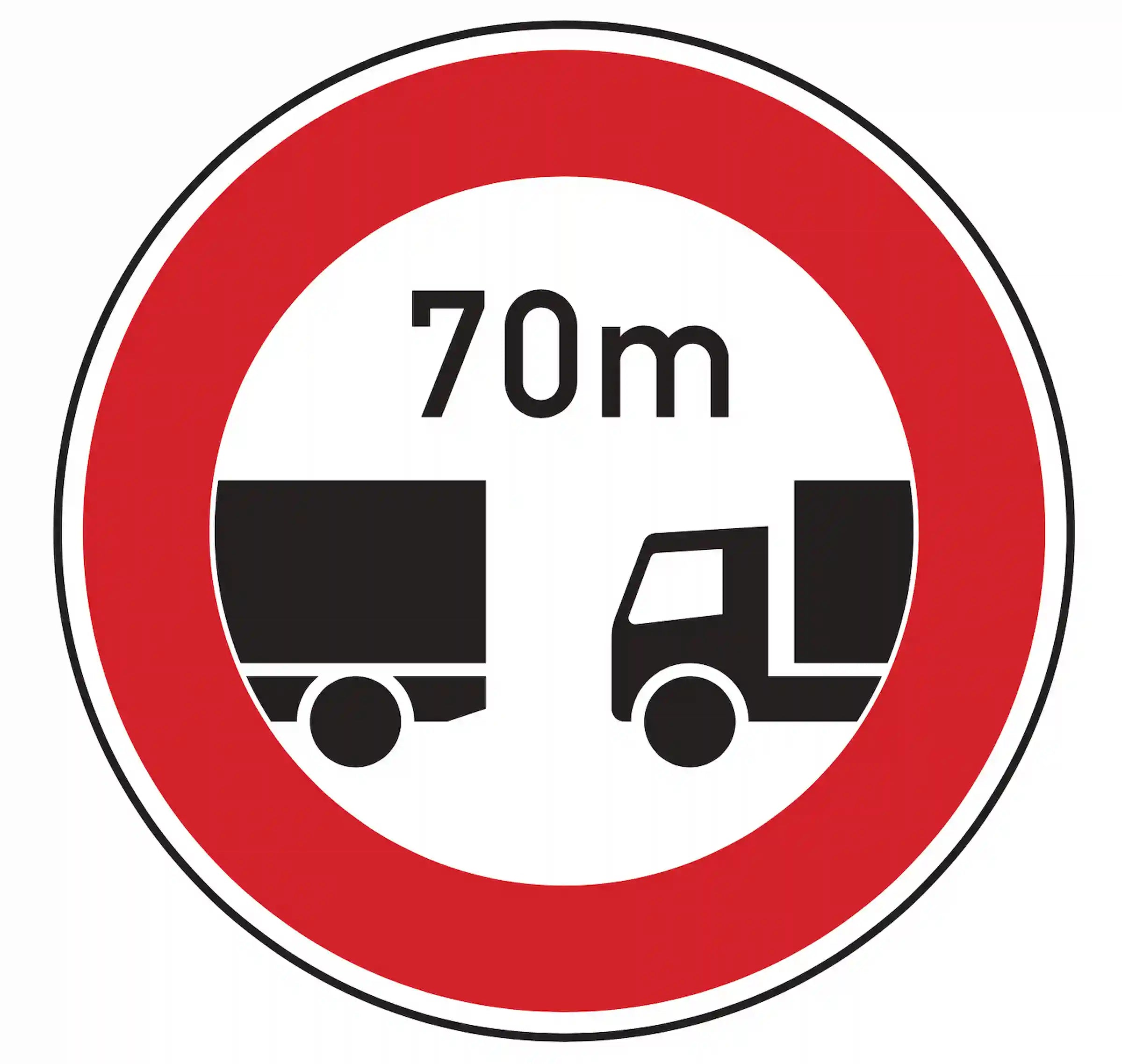 Verkehrszeichen 273: Rundschild, zwei Lkw + Abstandszahl – Mindestabstand für > 3,5 t vorgeschrieben.