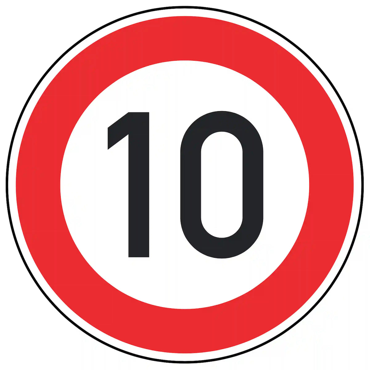 Verkehrszeichen 274-10: weißes Rundschild mit Ziffer 10 – zulässige Höchstgeschwindigkeit 10 km/h.
