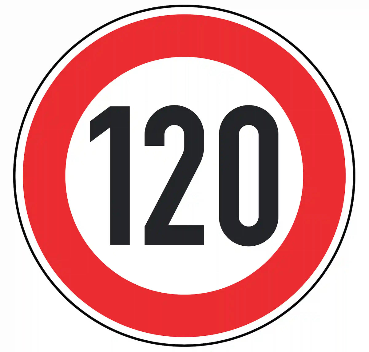 Verkehrszeichen 274-120: weißes Rundschild mit Ziffer 120 – zulässige Höchstgeschwindigkeit 120 km/h.