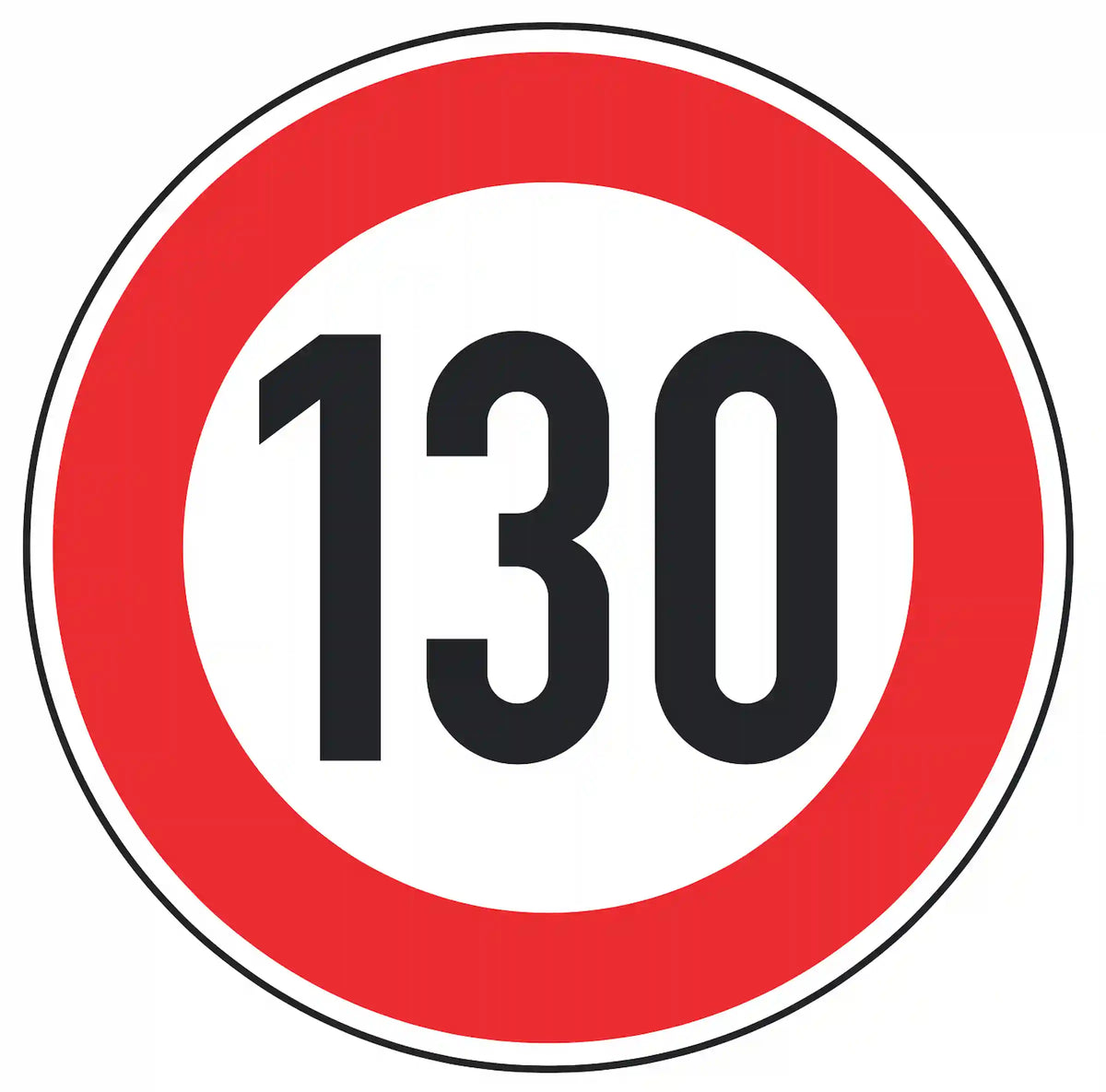 Verkehrszeichen 274-130: weißes Rundschild mit Ziffer 130 – zulässige Höchstgeschwindigkeit 130 km/h.