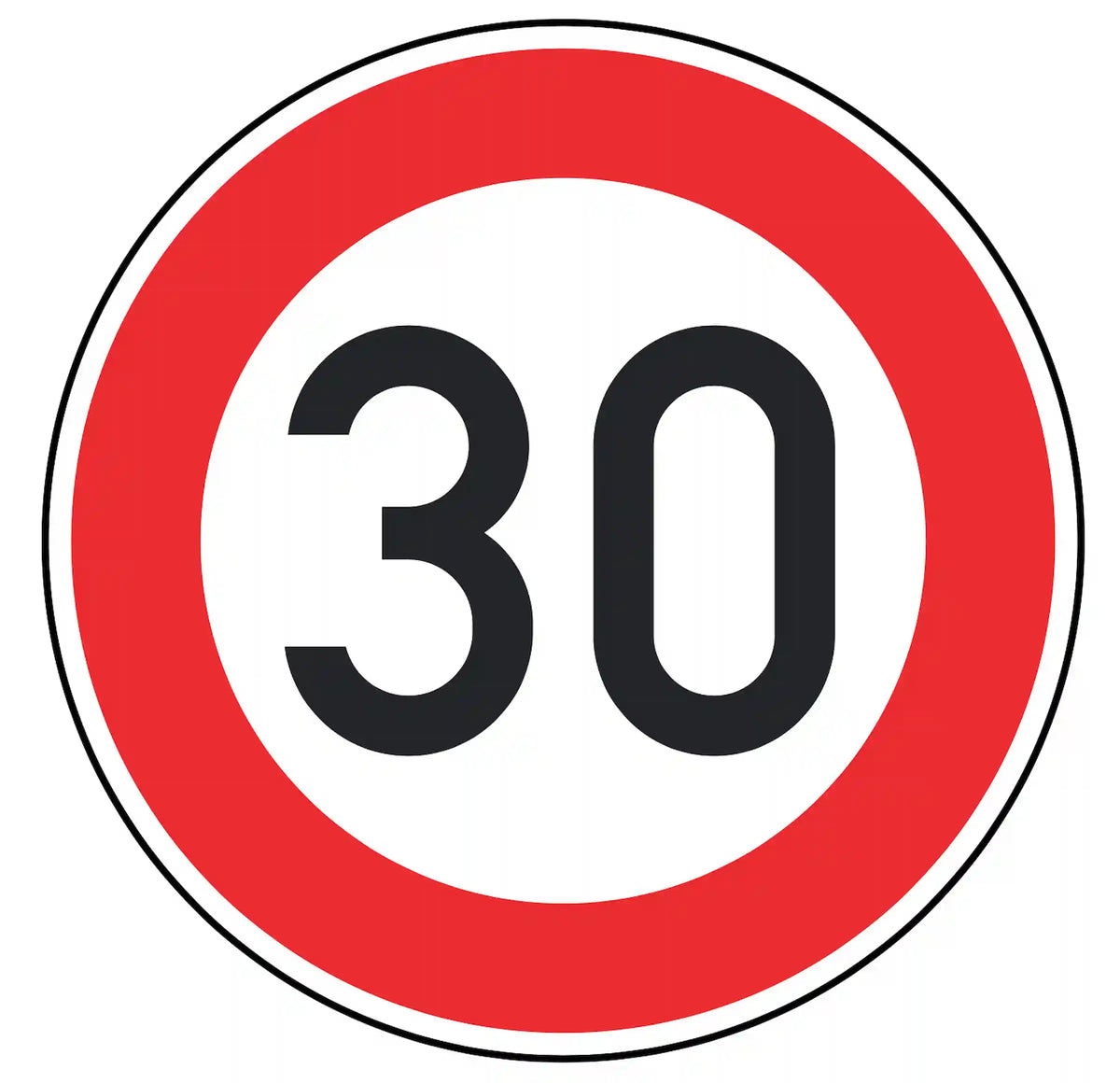 Verkehrszeichen 274-30: weißes Rundschild mit Ziffer 30 – zulässige Höchstgeschwindigkeit 30 km/h.