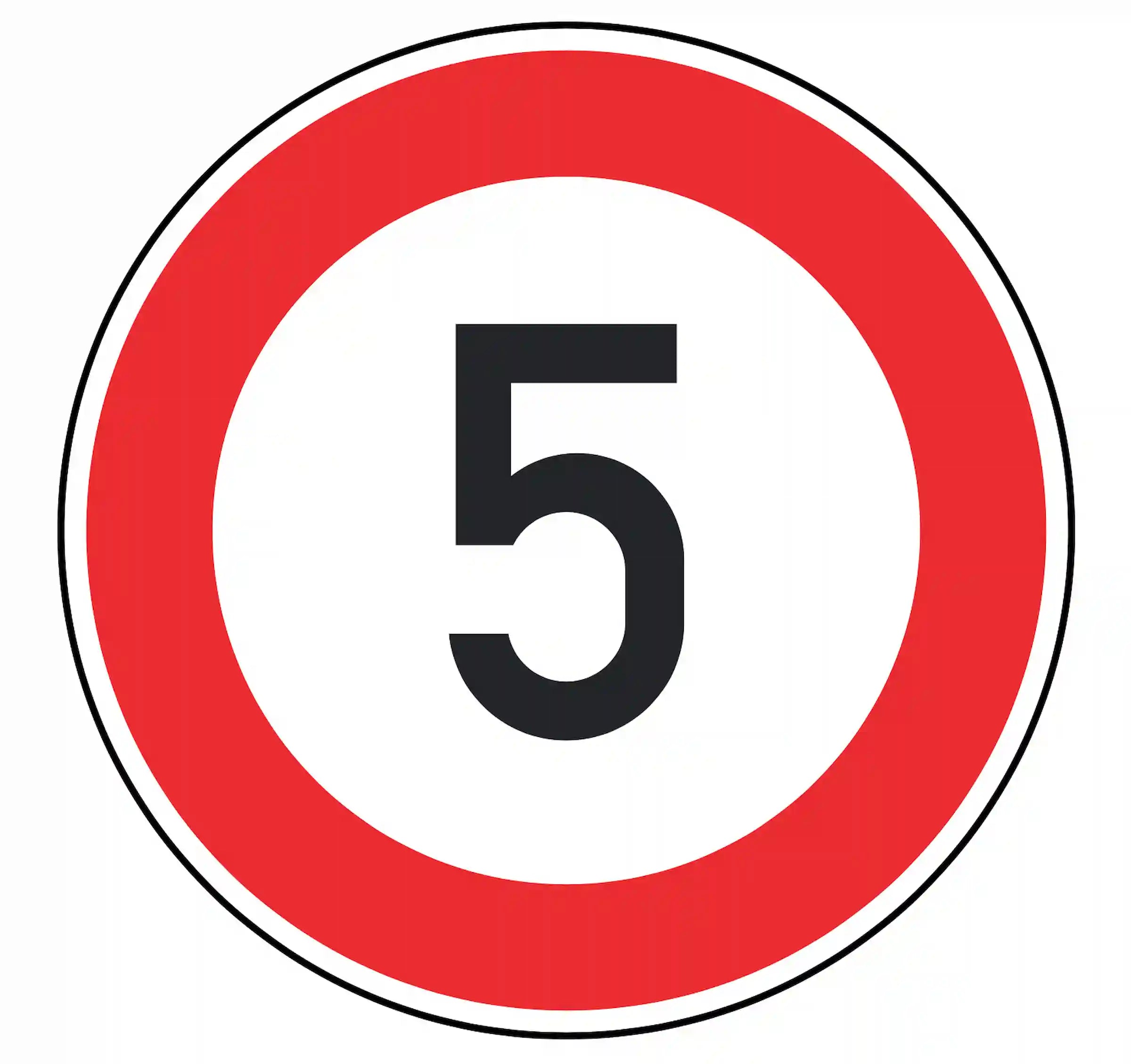 Verkehrszeichen 274-5: weißes Rundschild mit Ziffer 5 – zulässige Höchstgeschwindigkeit 5 km/h.