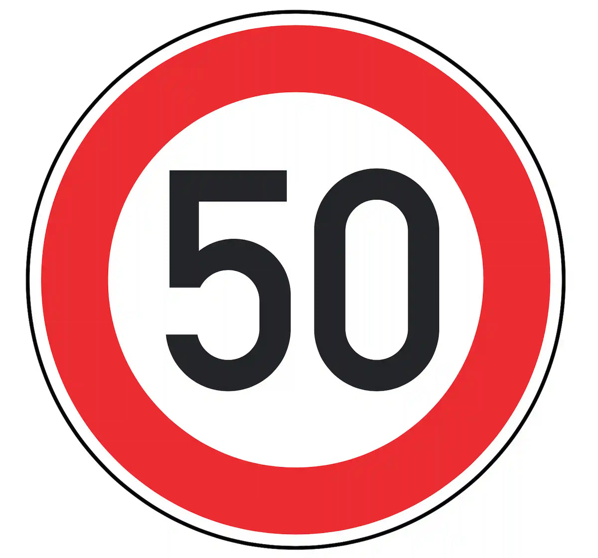 Verkehrszeichen 274-50: weißes Rundschild mit Ziffer 50 – zulässige Höchstgeschwindigkeit 50 km/h.