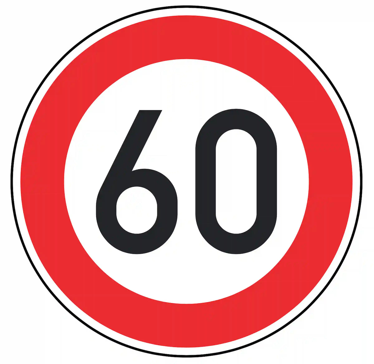 Verkehrszeichen 274-60: weißes Rundschild mit Ziffer 60 – zulässige Höchstgeschwindigkeit 60 km/h.