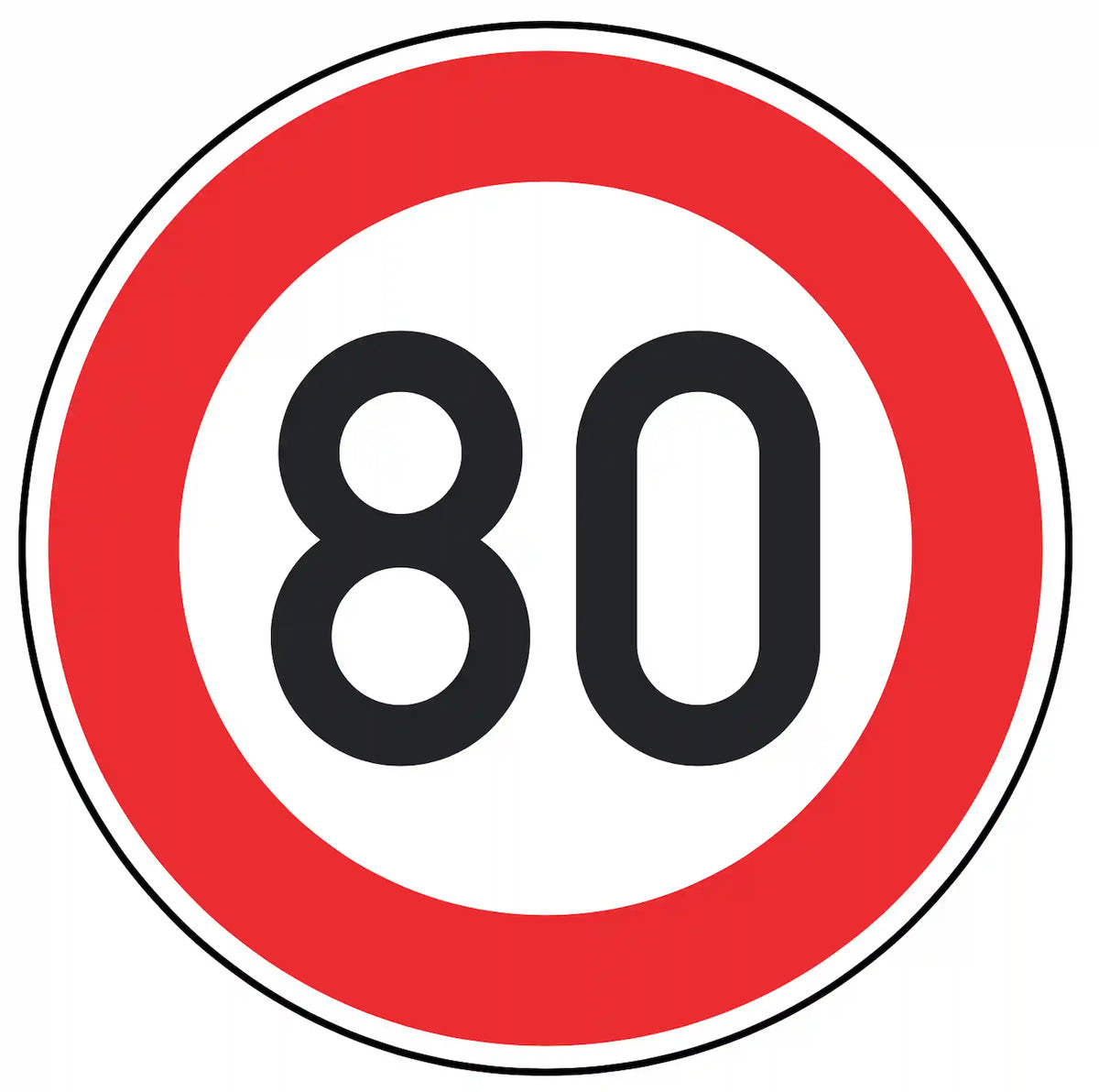 Verkehrszeichen 274-80: weißes Rundschild mit Ziffer 80 – zulässige Höchstgeschwindigkeit 80 km/h.