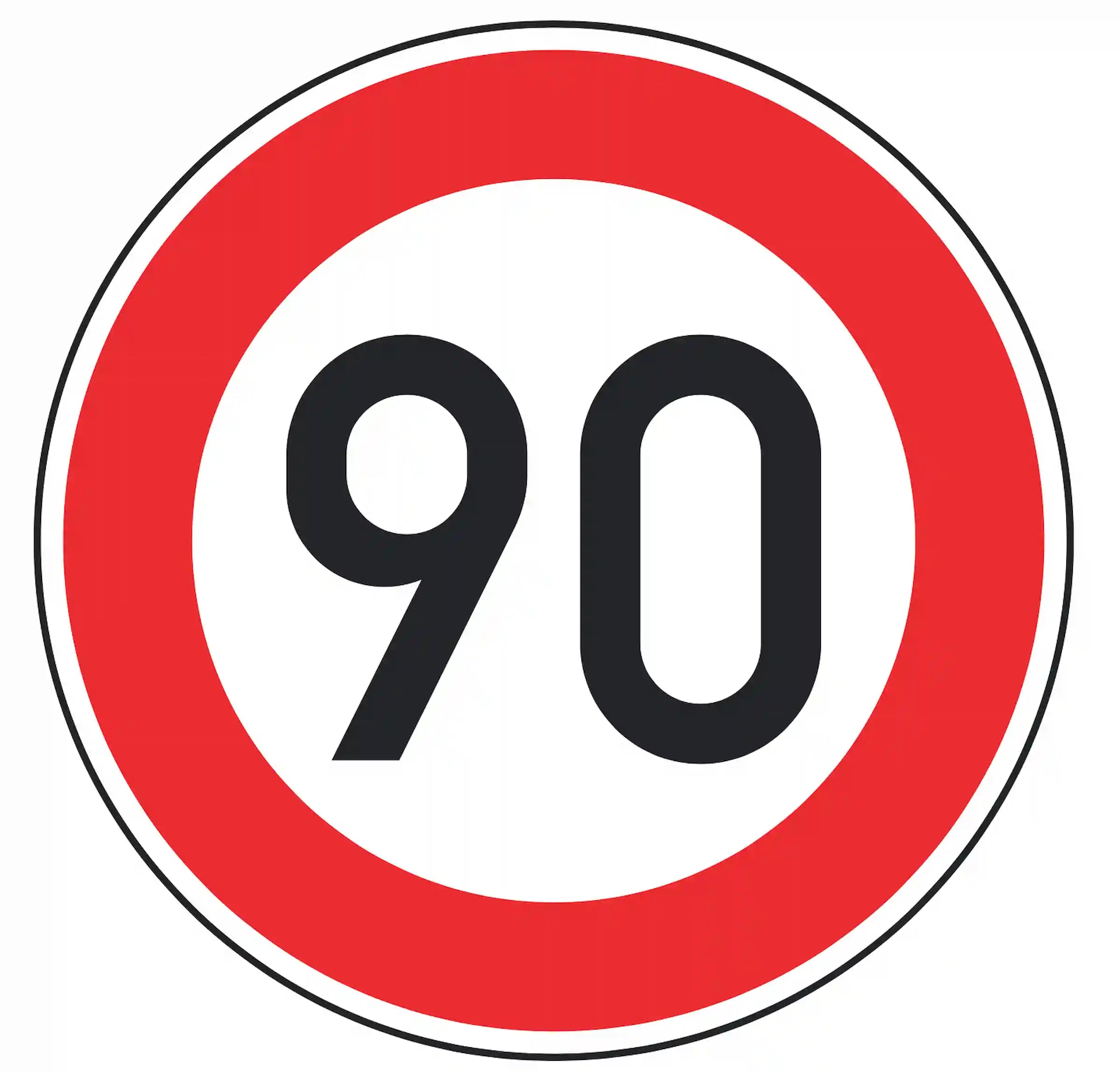 Verkehrszeichen 274-90: weißes Rundschild mit Ziffer 90 – zulässige Höchstgeschwindigkeit 90 km/h.