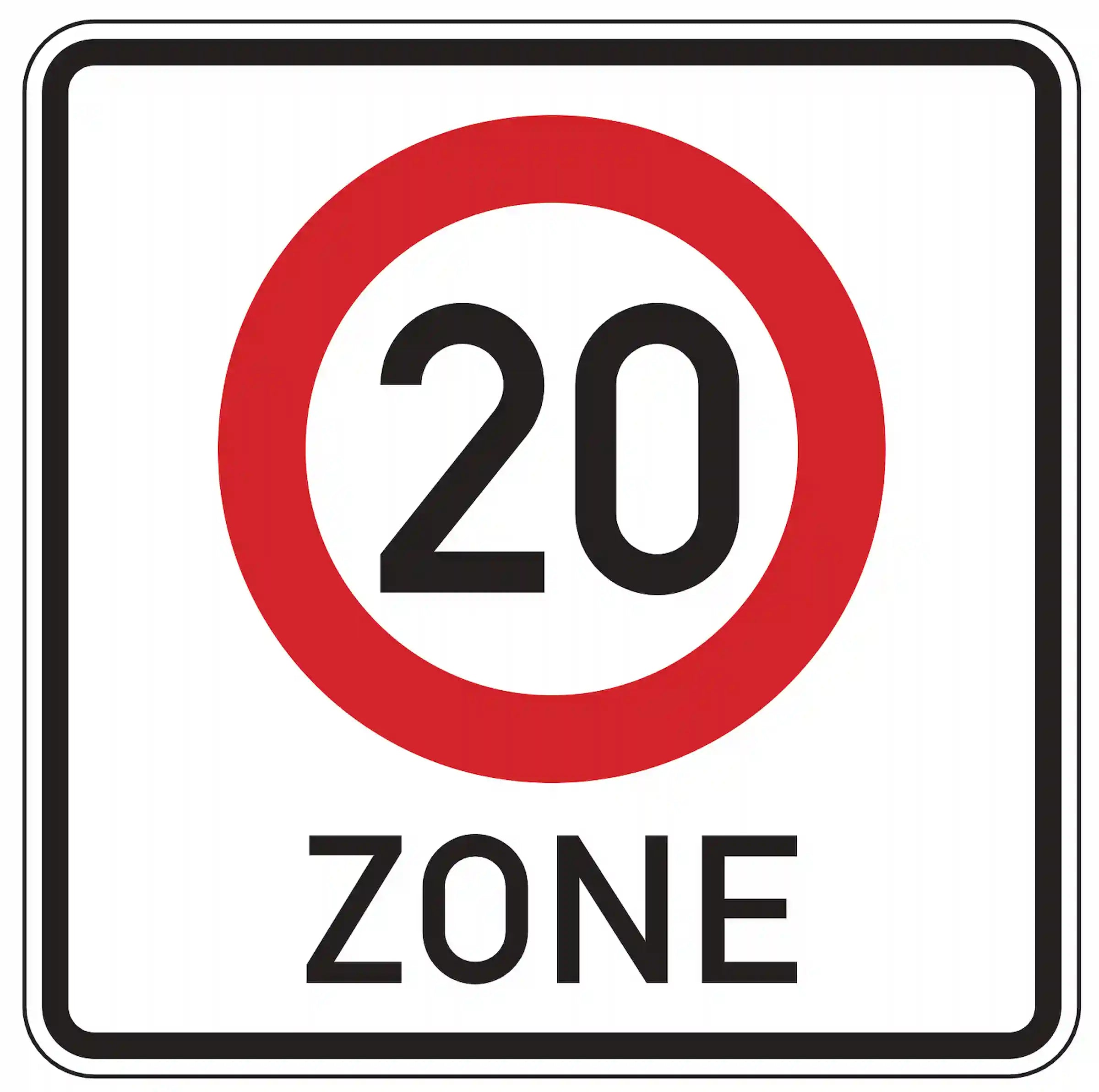 Verkehrszeichen 274.1-20: Quadrat mit schwarzer „20“ – Beginn Tempo-20-Zone