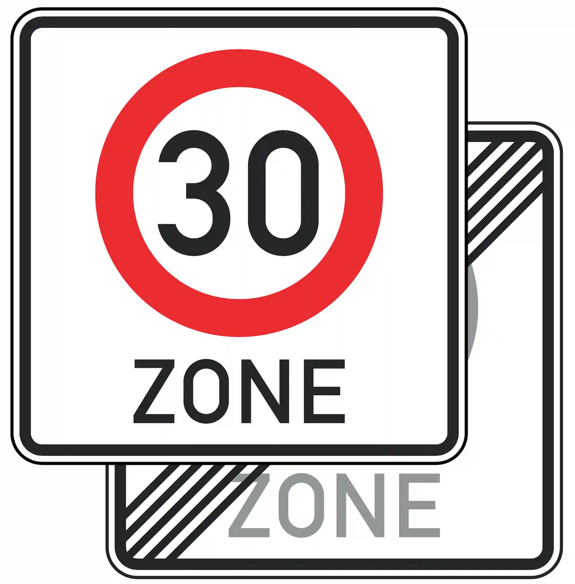 Verkehrszeichen 274.1-40: doppelseitiges blaues Quadrat mit weißer „30“ – Beginn Tempo-30-Zone beidseitig.