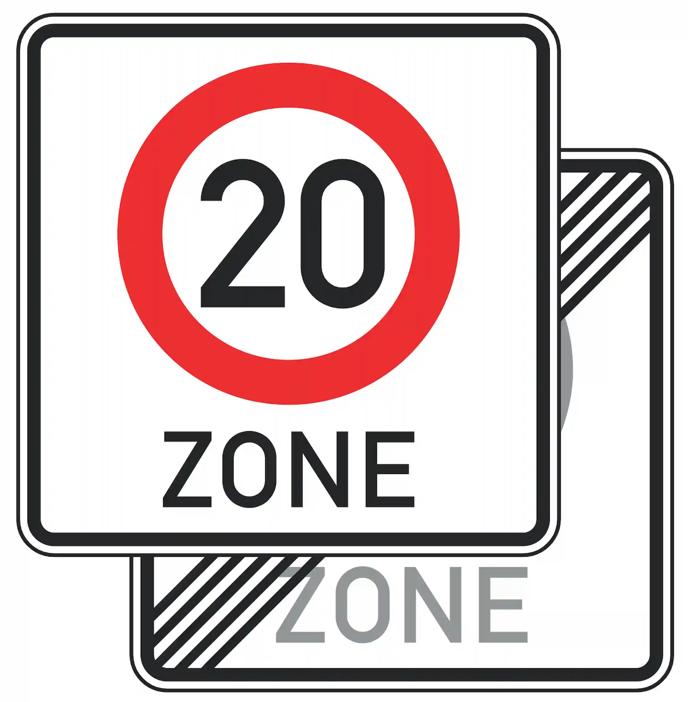 Verkehrszeichen 274.1-41: doppelseitiges Quadrat mit schwarzer „20“ – Beginn/Ende Tempo-20-Zone.