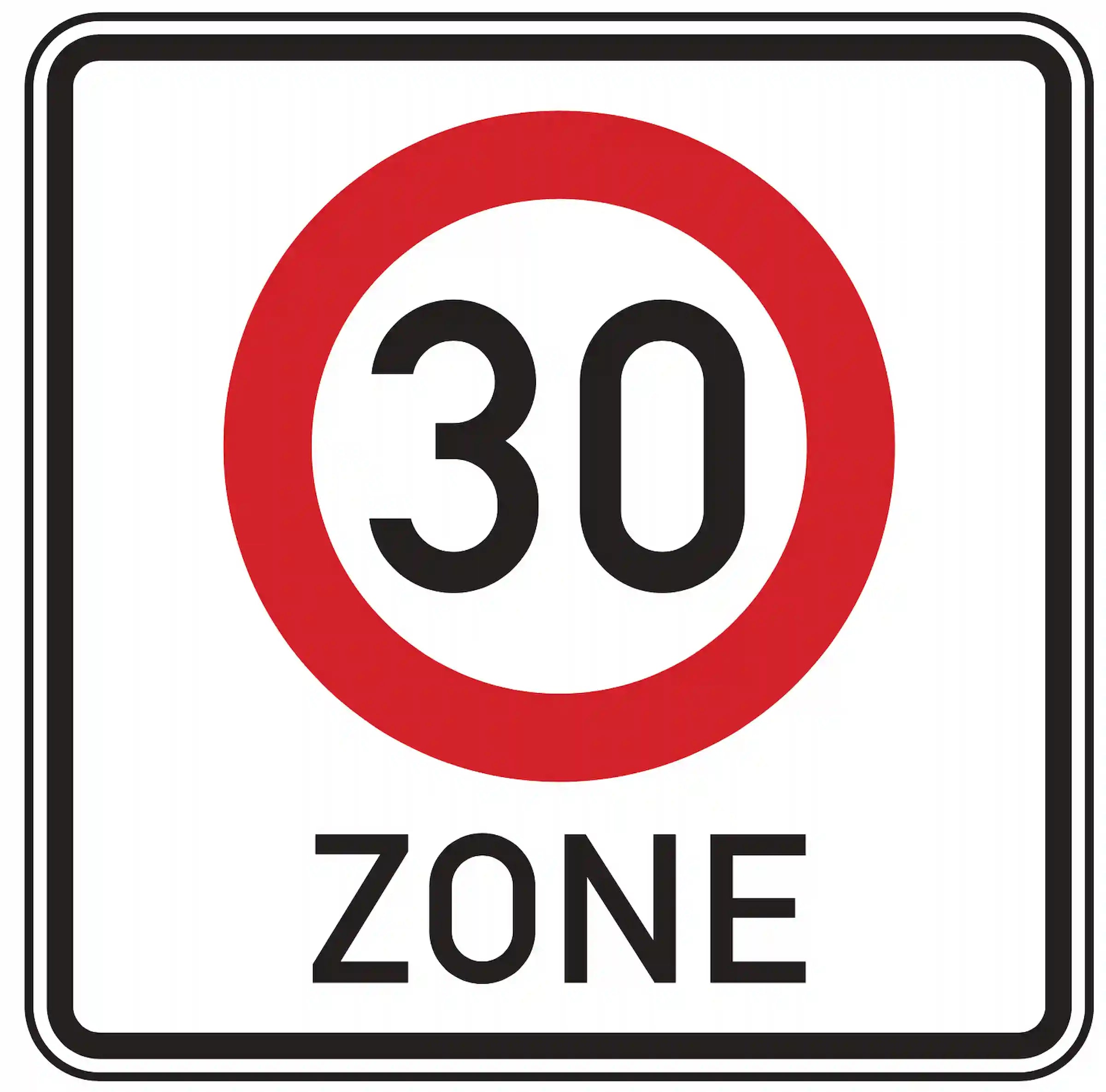 Verkehrszeichen 274.1: blaues Quadrat mit weißer „30“ – Beginn einer Tempo-30-Zone.