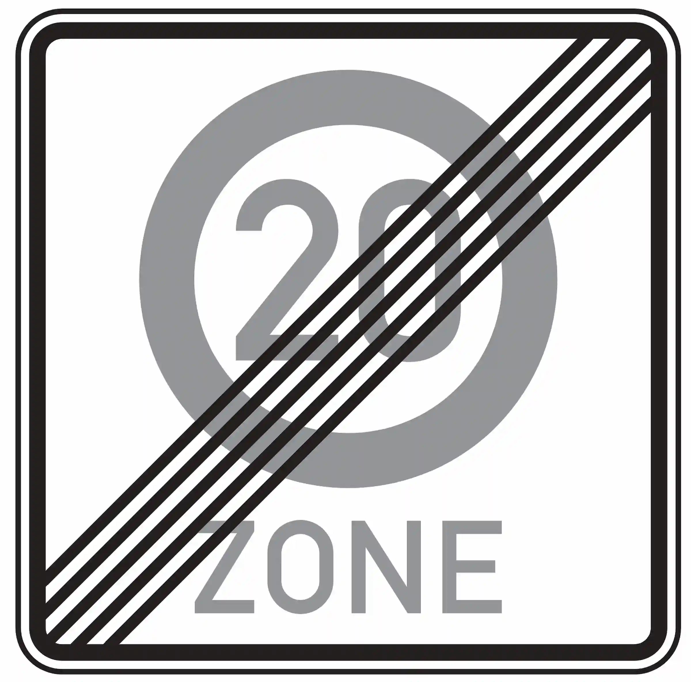 Verkehrszeichen 274.2-20: graues Quadrat mit durchgestrichenem grauen „20“ und Schriftzug „Zone“ – Ende Tempo-20-Zone.