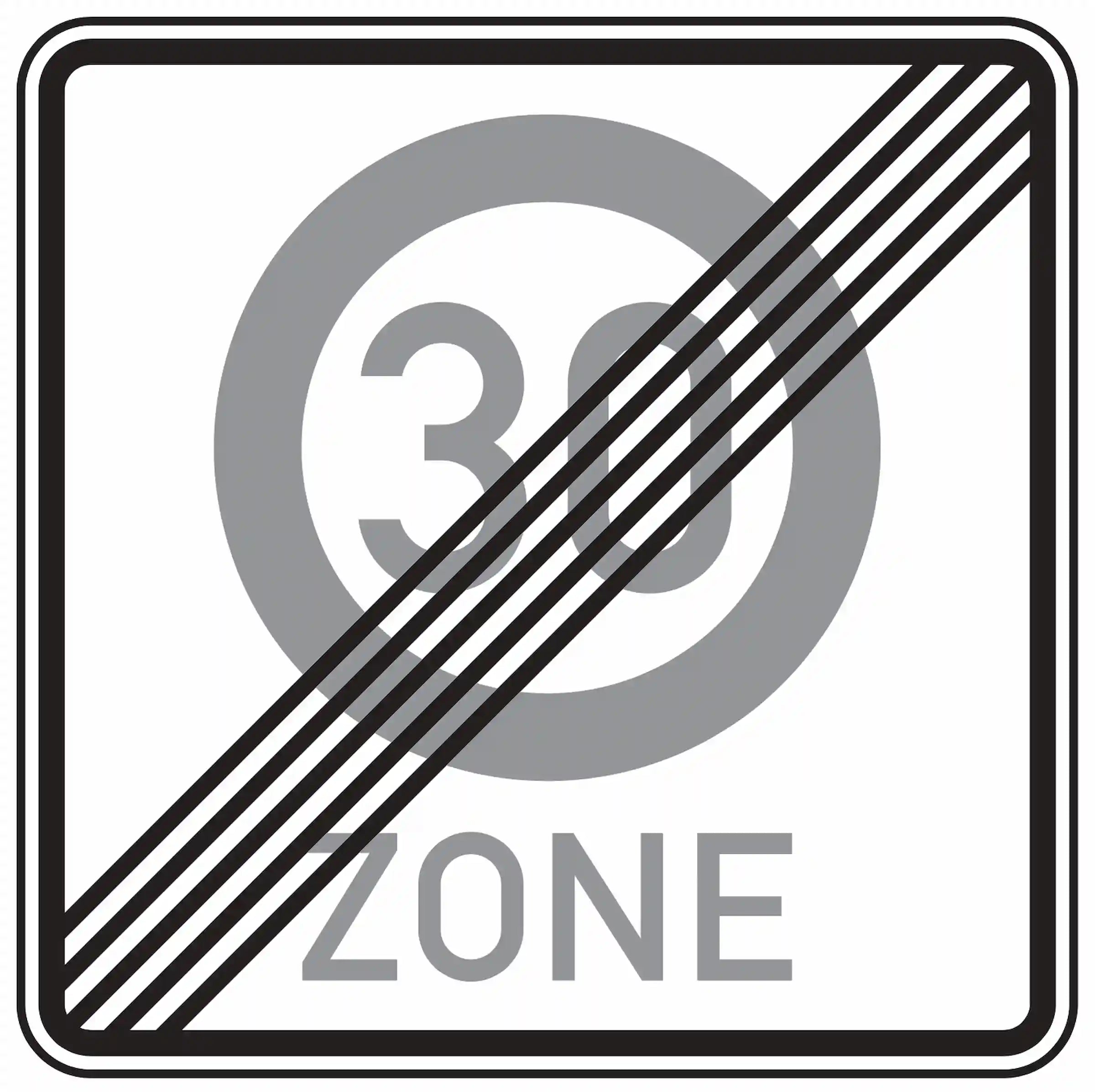 Verkehrszeichen 274.2: blaues Quadrat mit durchgestrichener weiße „30“ – Ende der Tempo-30-Zone.