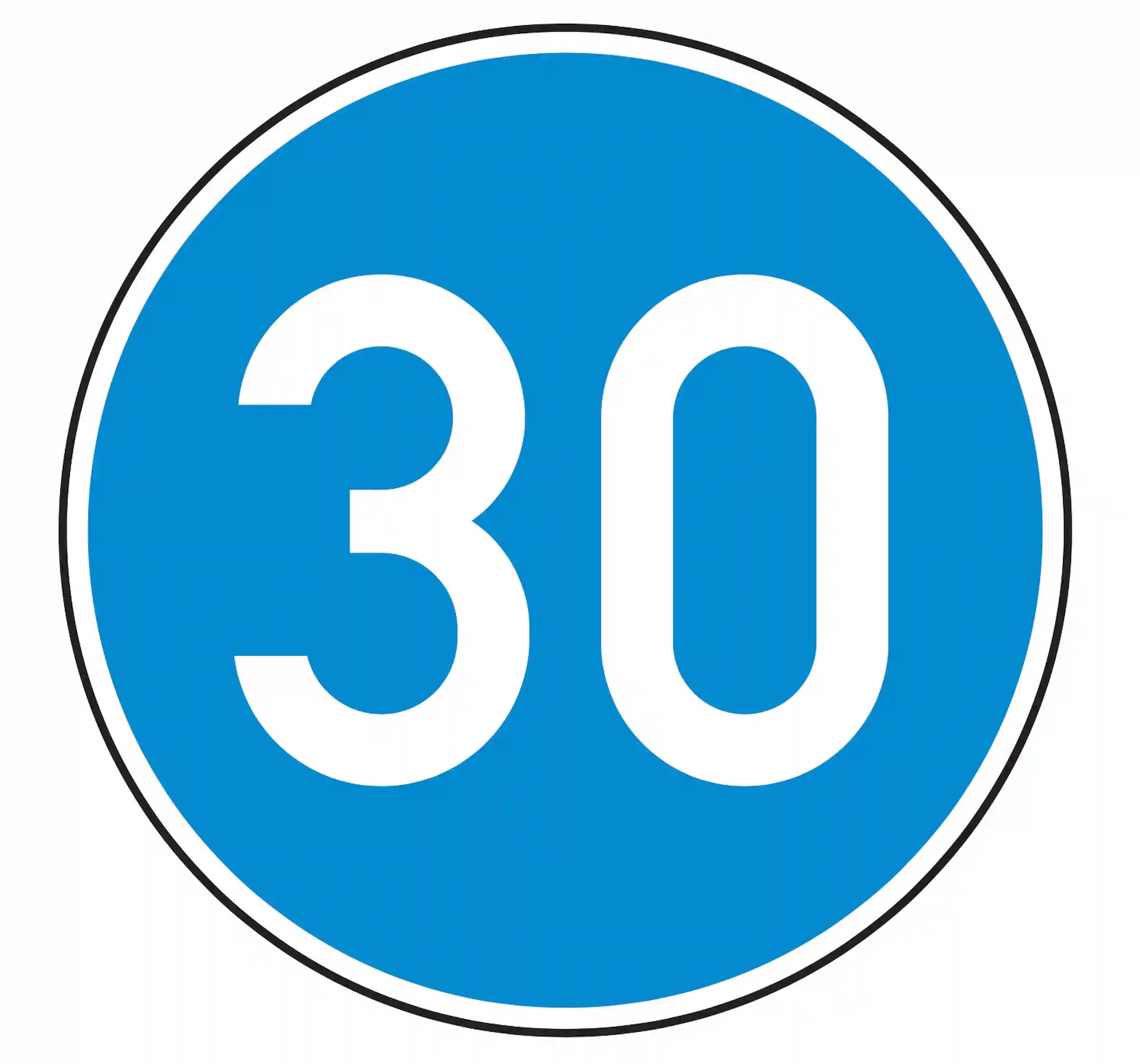 Verkehrszeichen 275: blaues Rundschild mit Ziffer – vorgeschriebene Mindestgeschwindigkeit.