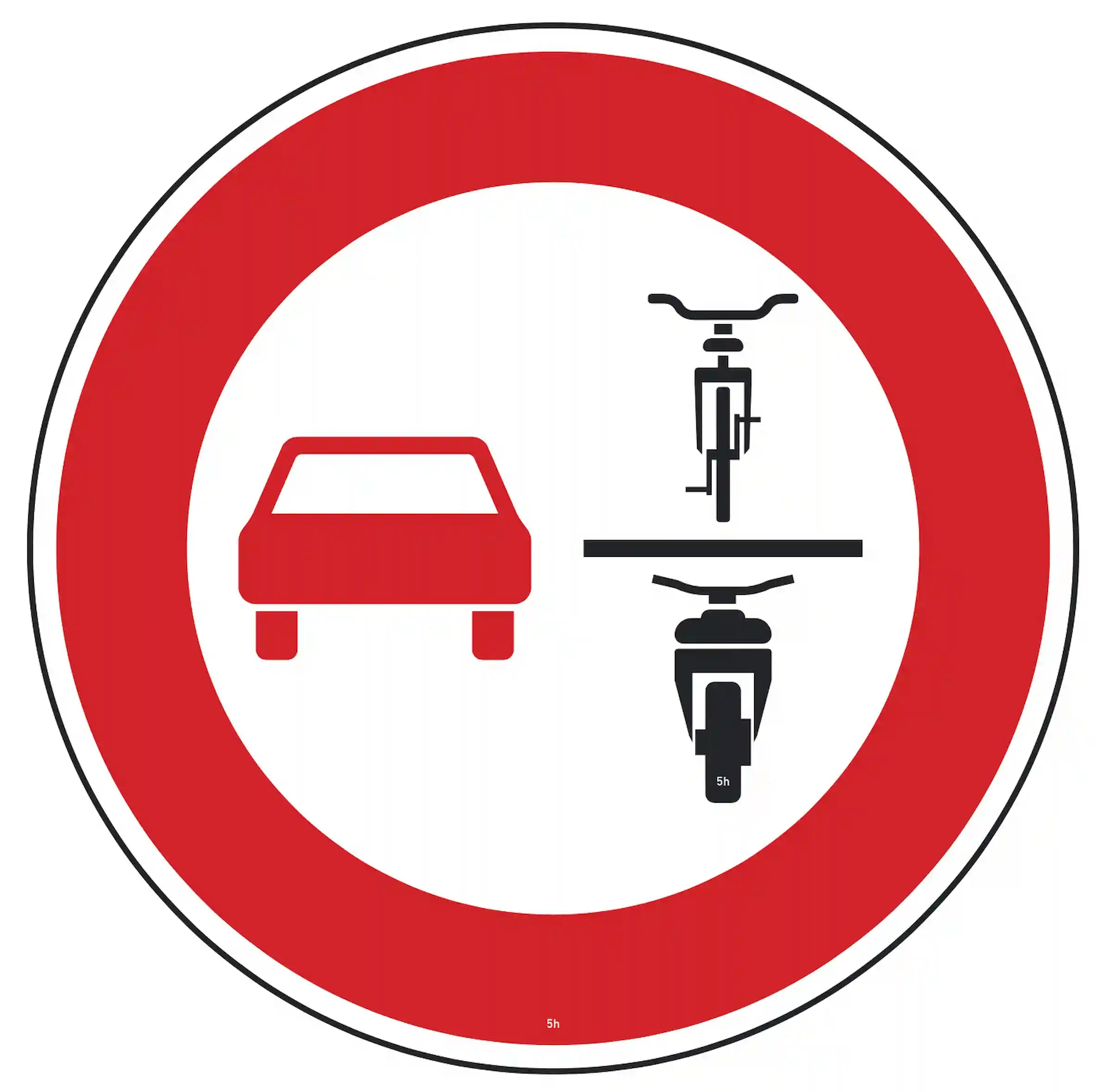 Verkehrszeichen 277.1: Rundschild, rotes Auto neben Fahrrad – mehrspurige Kfz dürfen Einspurige nicht überholen.