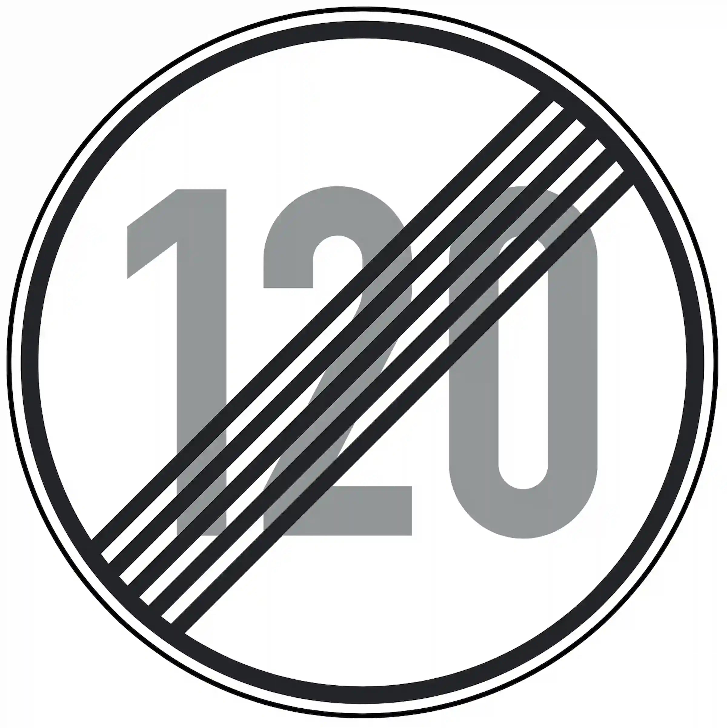 Verkehrszeichen 278-120: durchgestrichene „120“ im Rundschild – Ende 120 km/h-Limit.