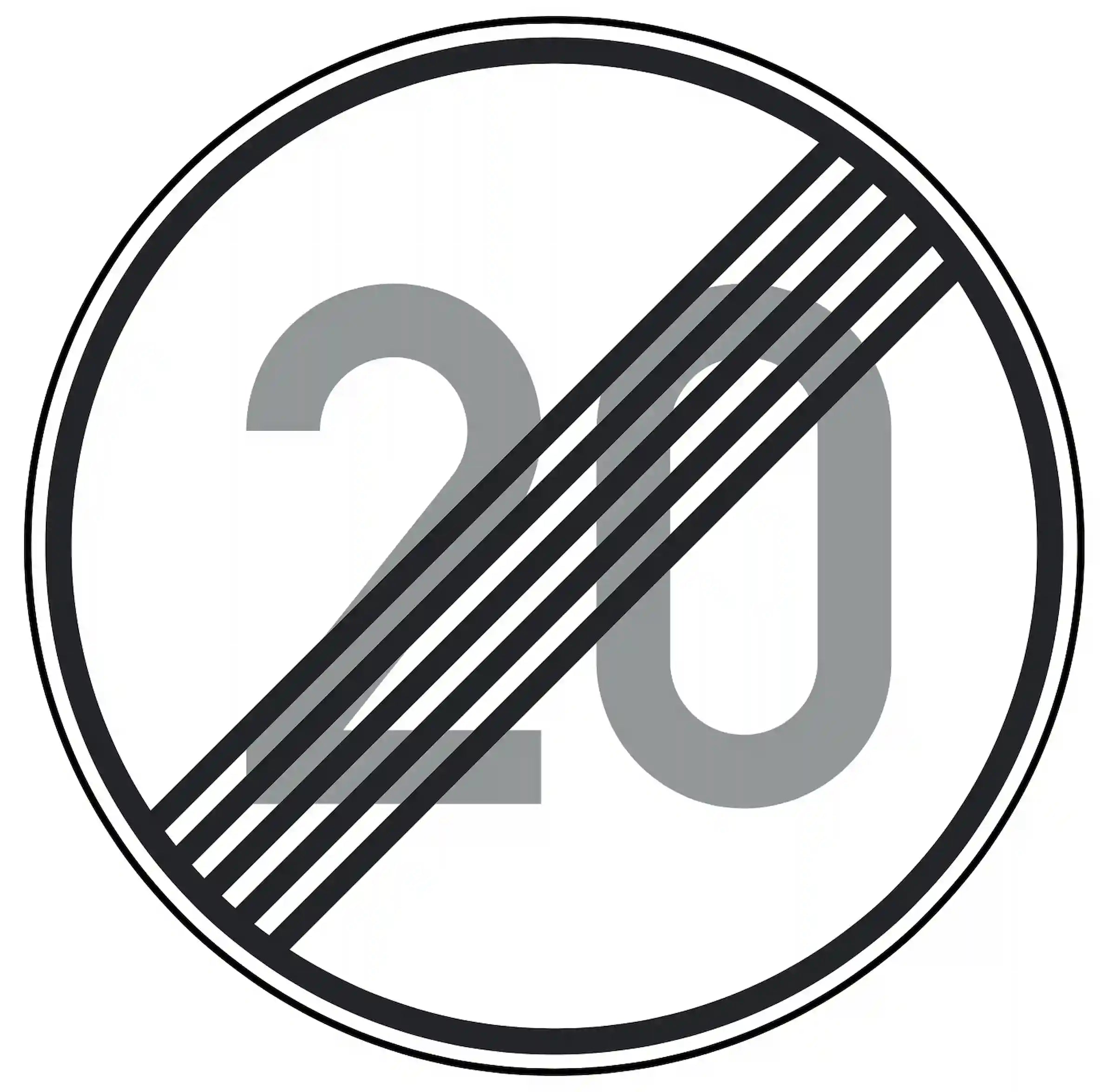 Verkehrszeichen 278-20: Rundschild, durchgestrichene „20“ – Ende der Höchstgeschwindigkeit 20 km/h.